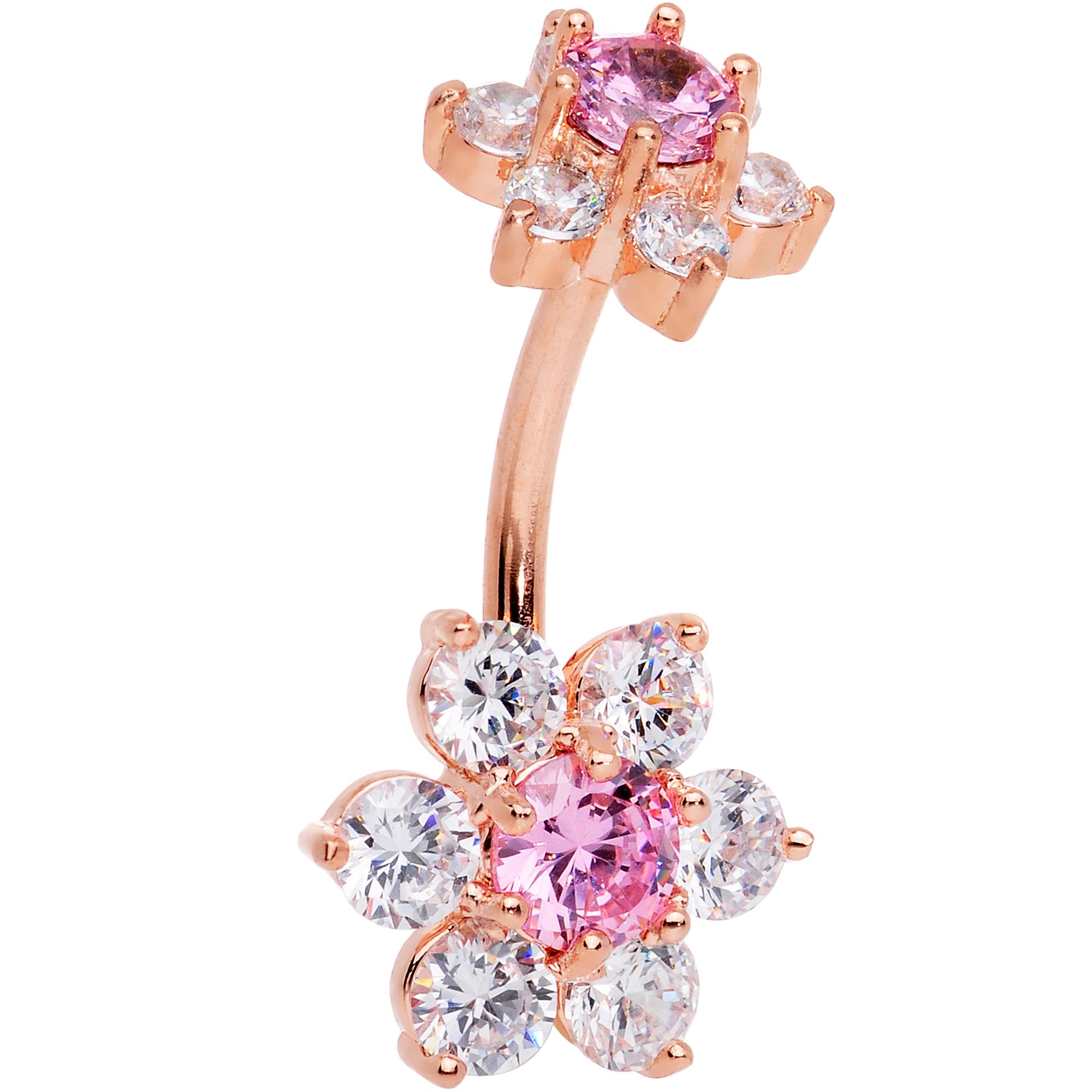 Pink Clear CZ Gem Rose Gold Tone Double Flower Delight Double Mount Belly Ring
