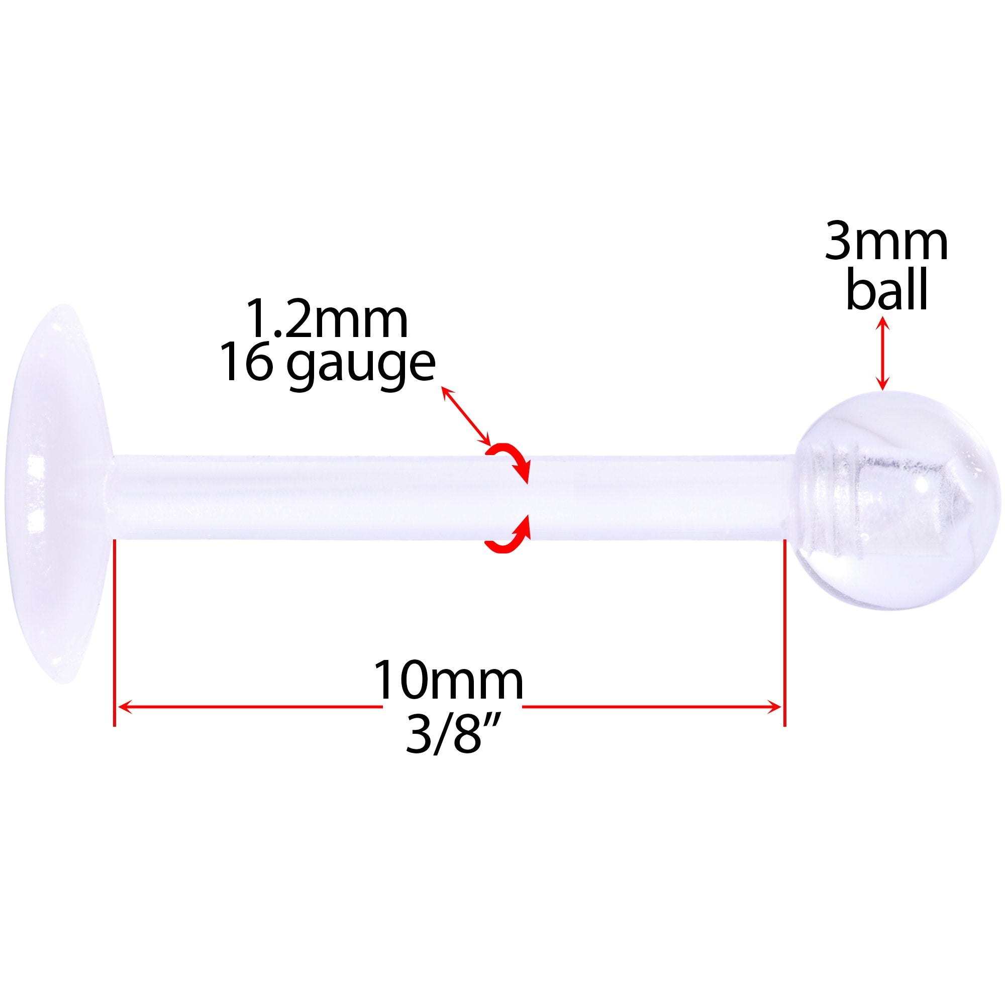 16G 3/8 Clear Flexible Bioplast Labret Monroe Tragus Retainer