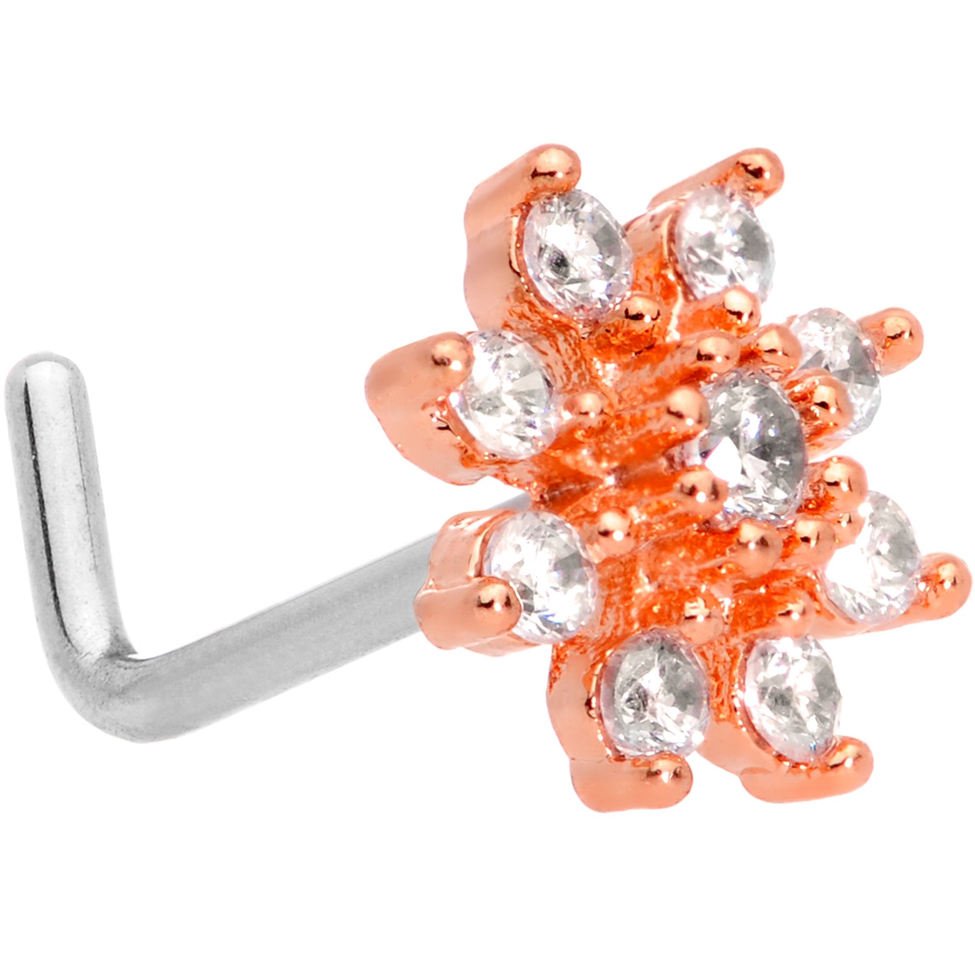 20G 1/4 Clear CZ Gem Rose Gold Tone Flower L Shaped Nose Ring