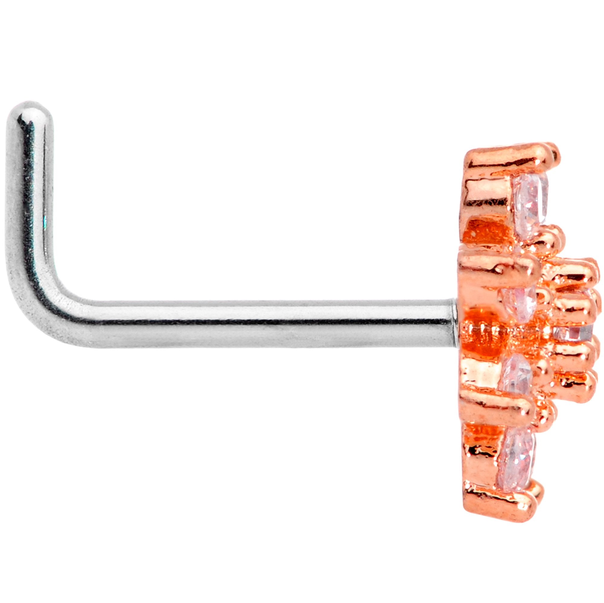 20G 1/4 Clear CZ Gem Rose Gold Tone Flower L Shaped Nose Ring