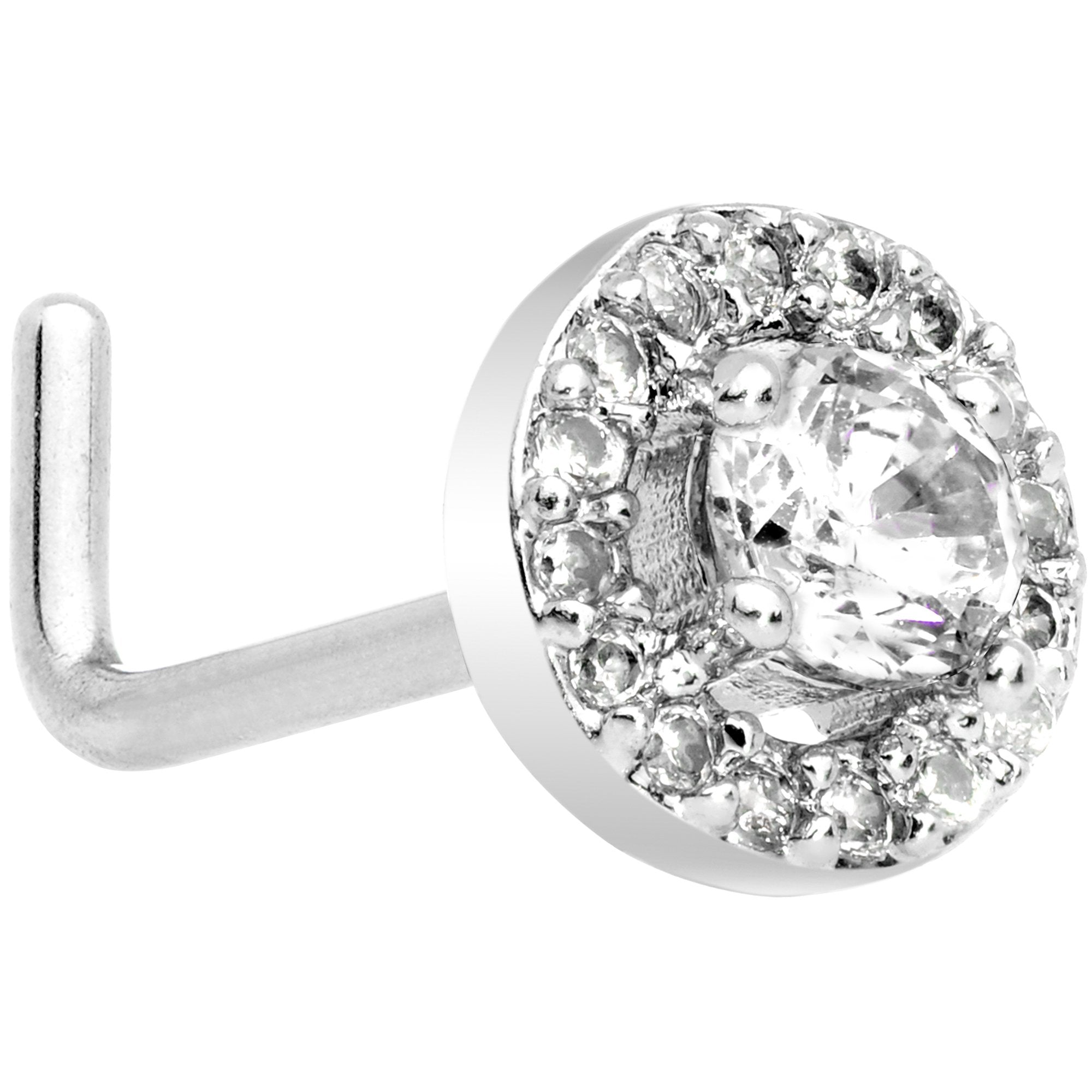 20G 1/4 Clear CZ Gem Round Double Tier L Shaped Nose Ring