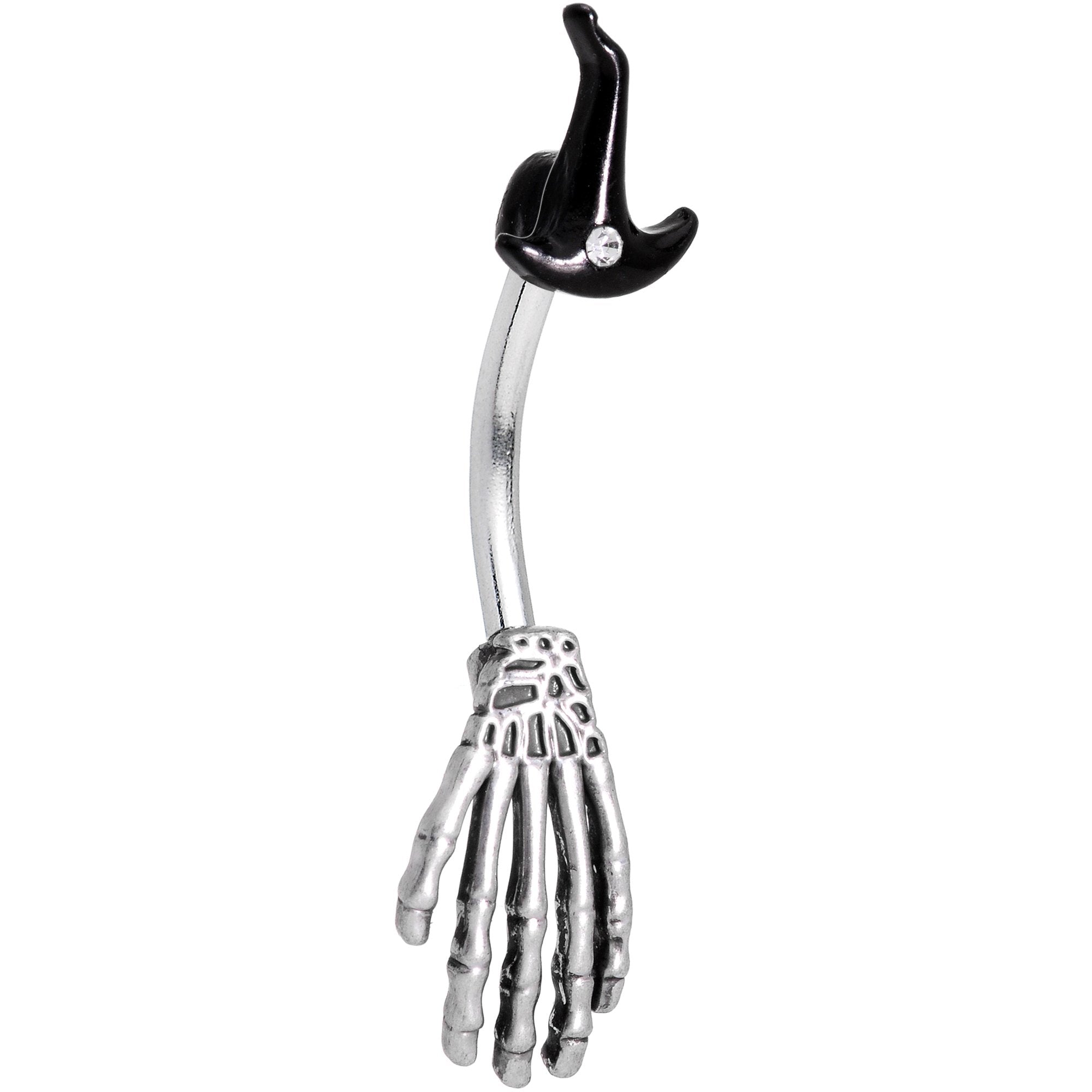 Clear Gem Halloween Witch Hat Skeleton Hand Double Mount Belly Ring