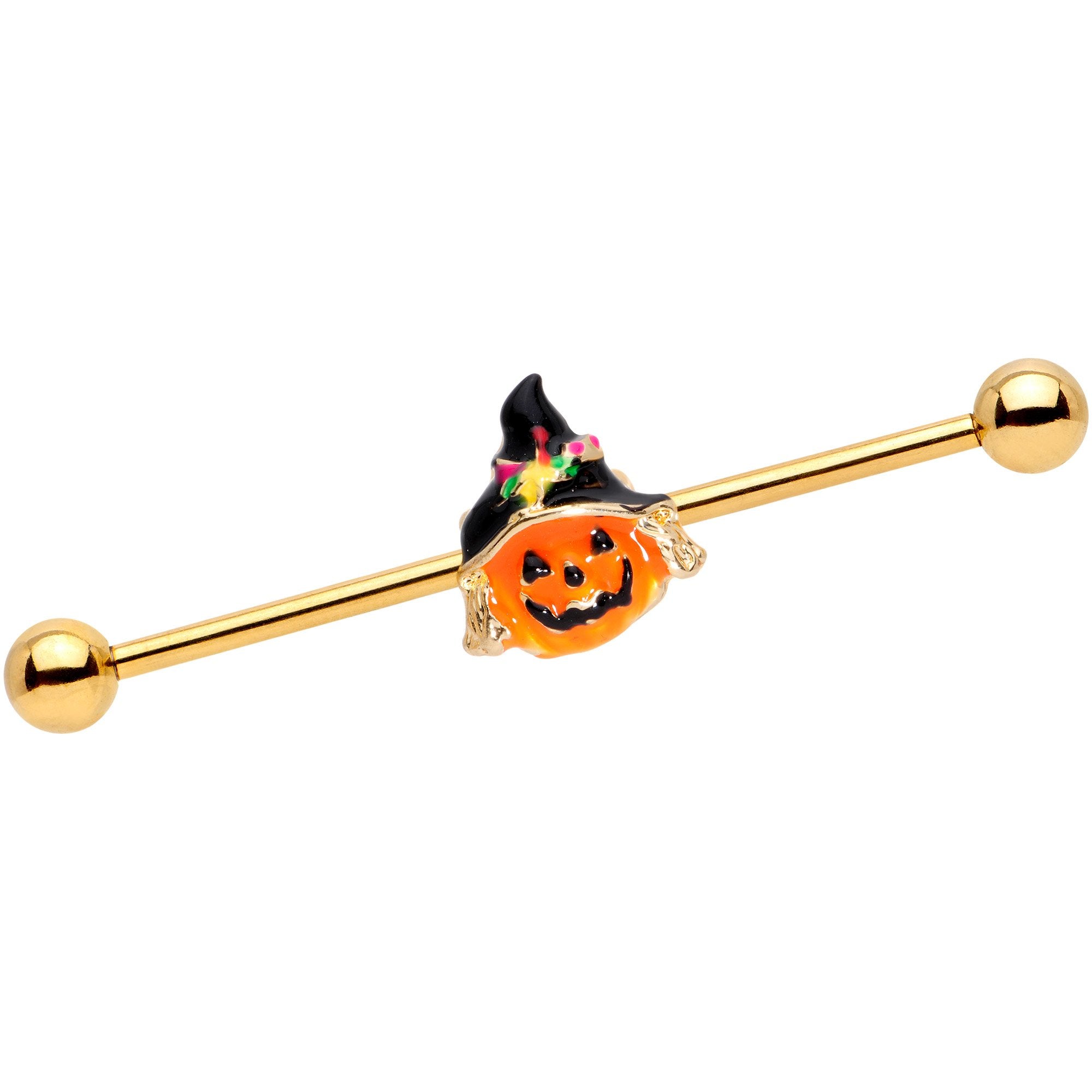 14 Gauge Gold Tone Halloween Jack O Lantern Industrial Barbell 38mm