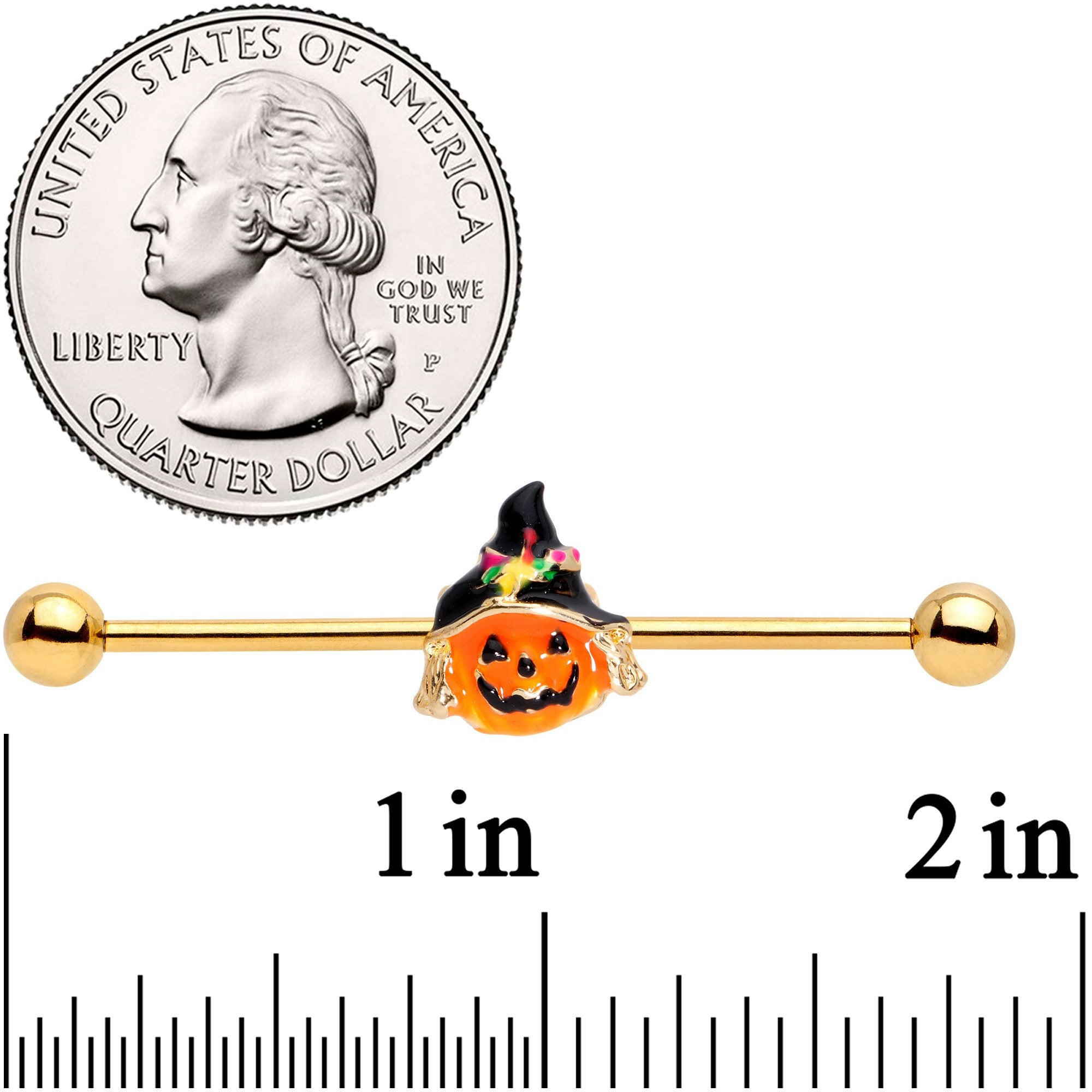 14 Gauge Gold Tone Halloween Jack O Lantern Industrial Barbell 38mm