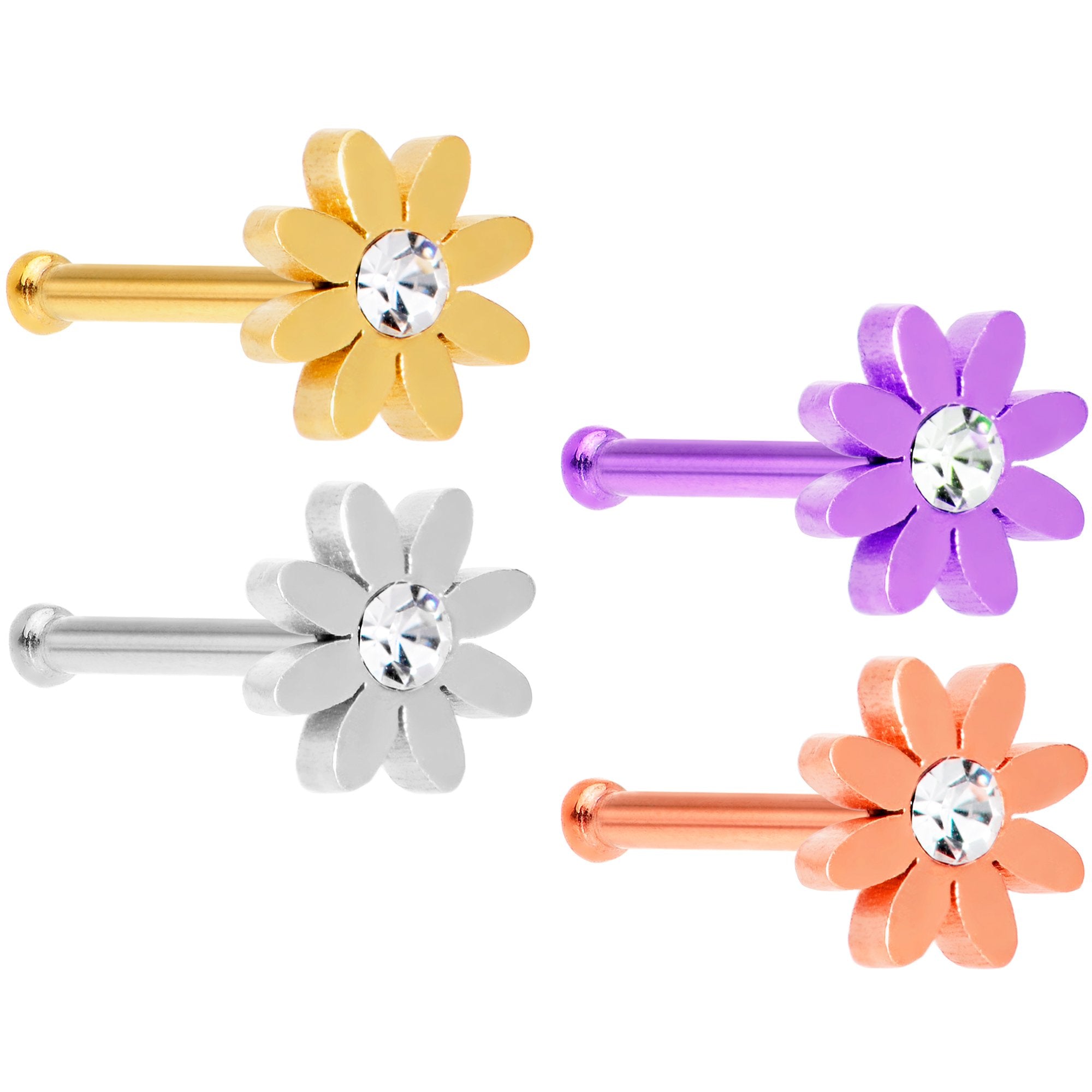 20G 1/4 Clear Gem Multicolor Flower Nose Bone Set of 4
