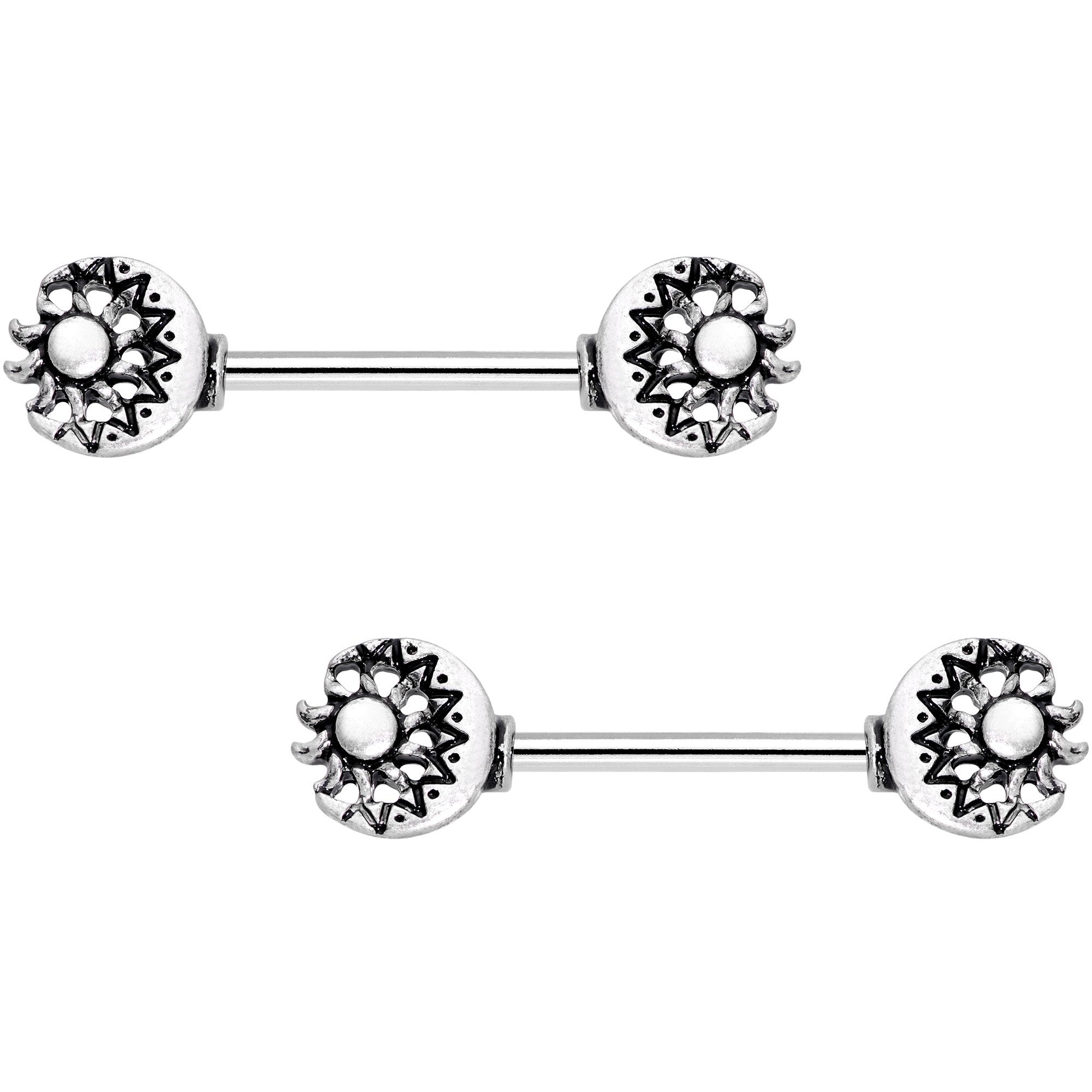 14 Gauge 9/16 Crescent Moon and Sun Barbell Nipple Ring Set