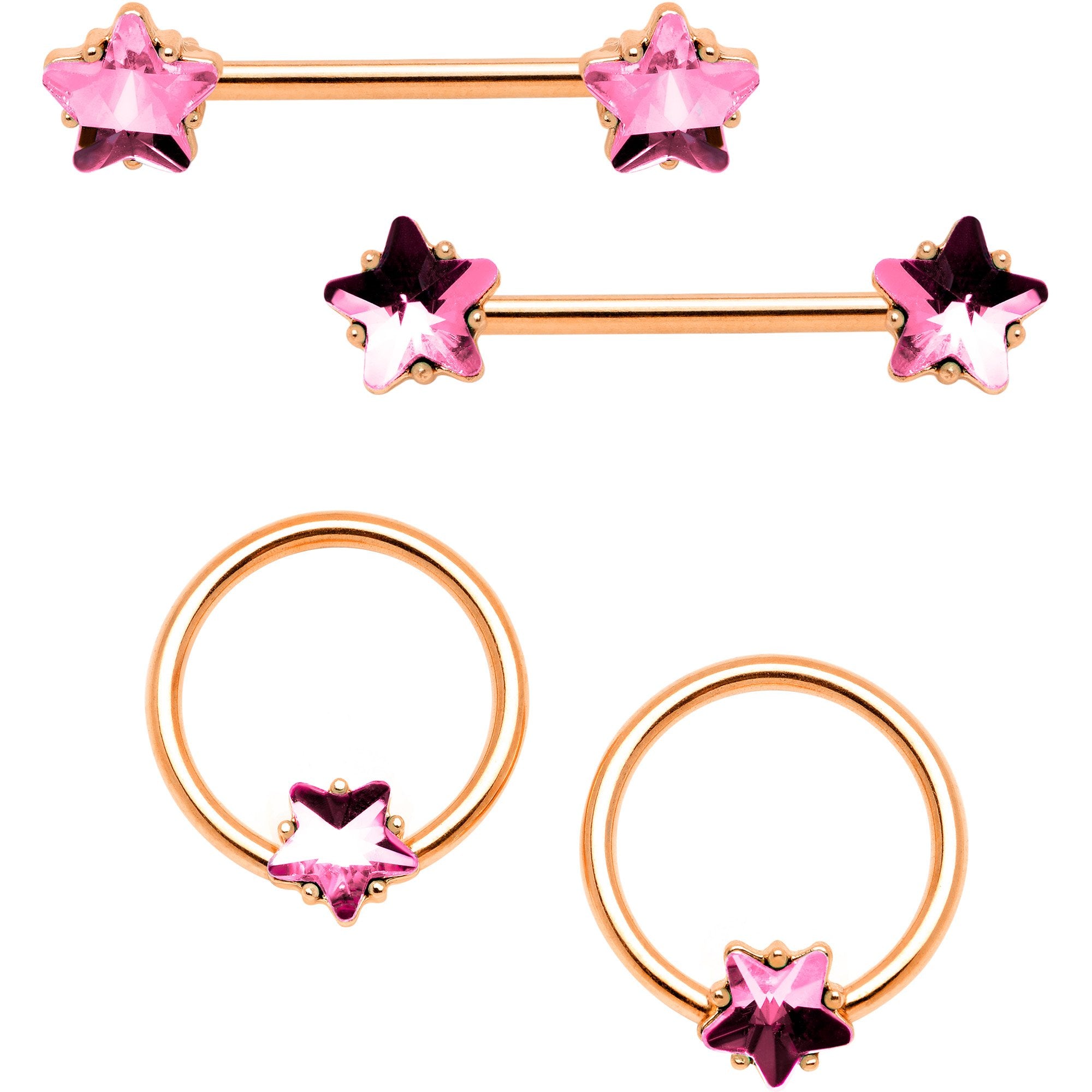 14 Gauge Pink Gem Star Rose Gold Tone Captive Barbell Nipple Ring Set