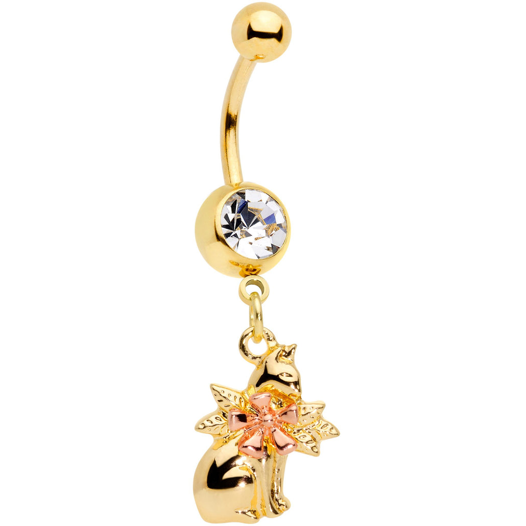 Clear Gem Gold Tone Kitty With A Corsage Dangle Belly Ring