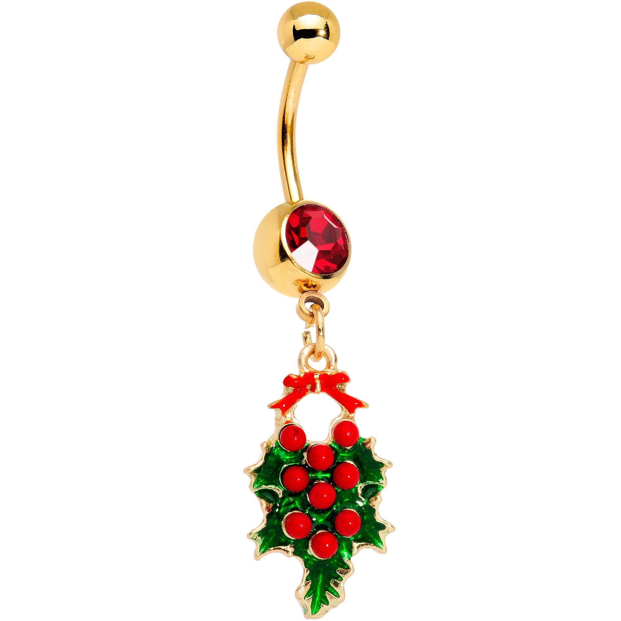 Red Gem Gold Tone Holiday Holly Wreath Dangle Belly Ring