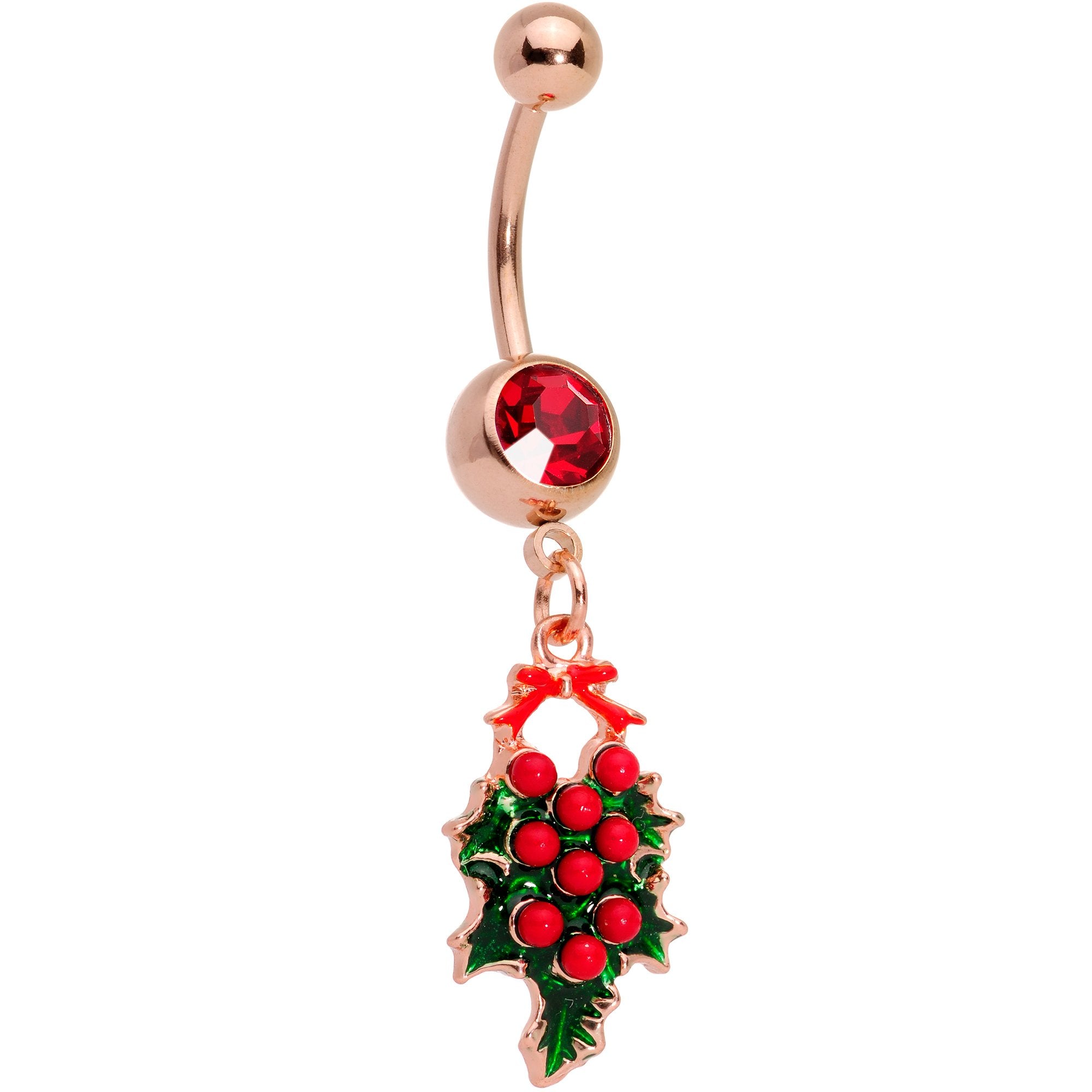 Red Gem Rose Gold Tone Holiday Holly Wreath Dangle Belly Ring
