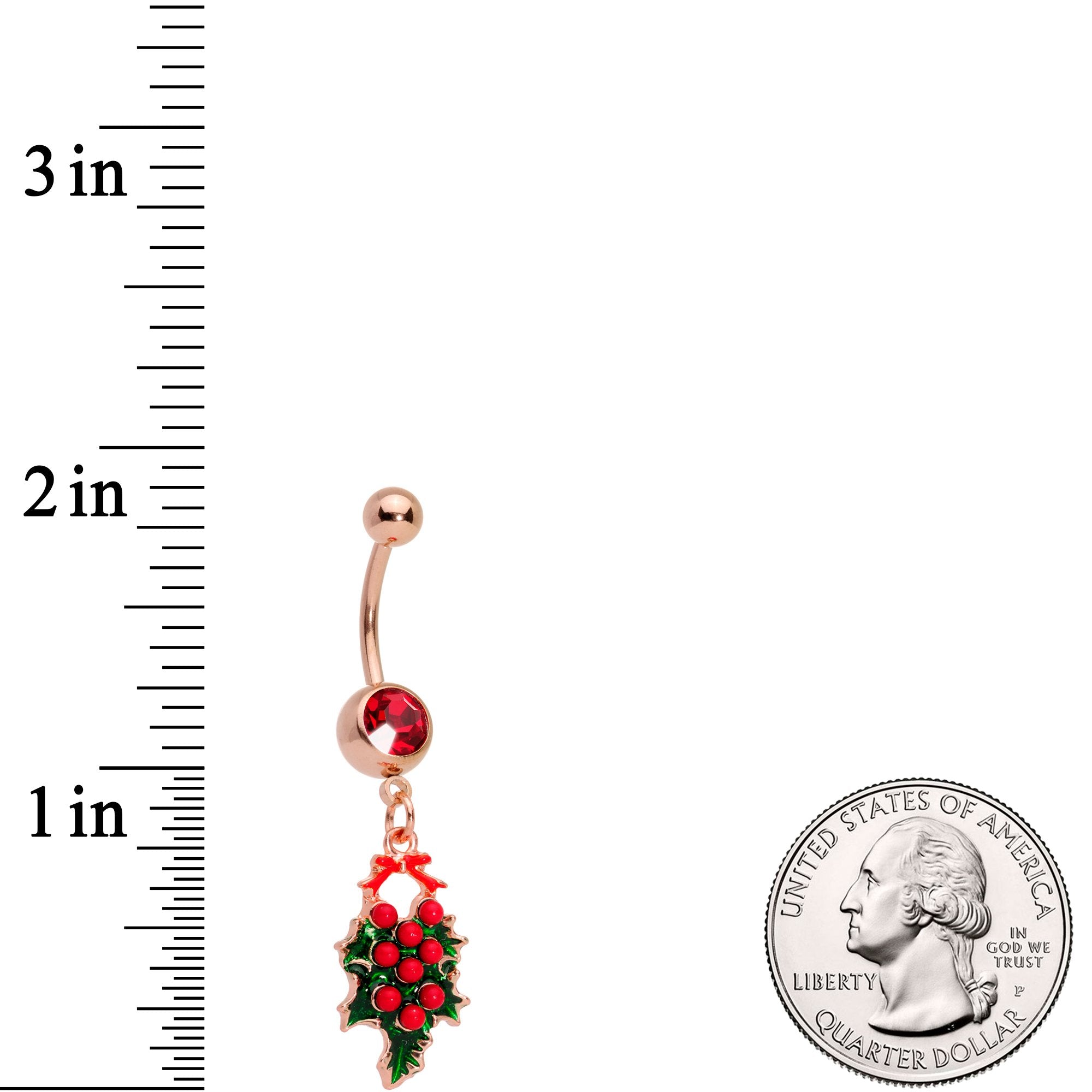 Red Gem Rose Gold Tone Holiday Holly Wreath Dangle Belly Ring