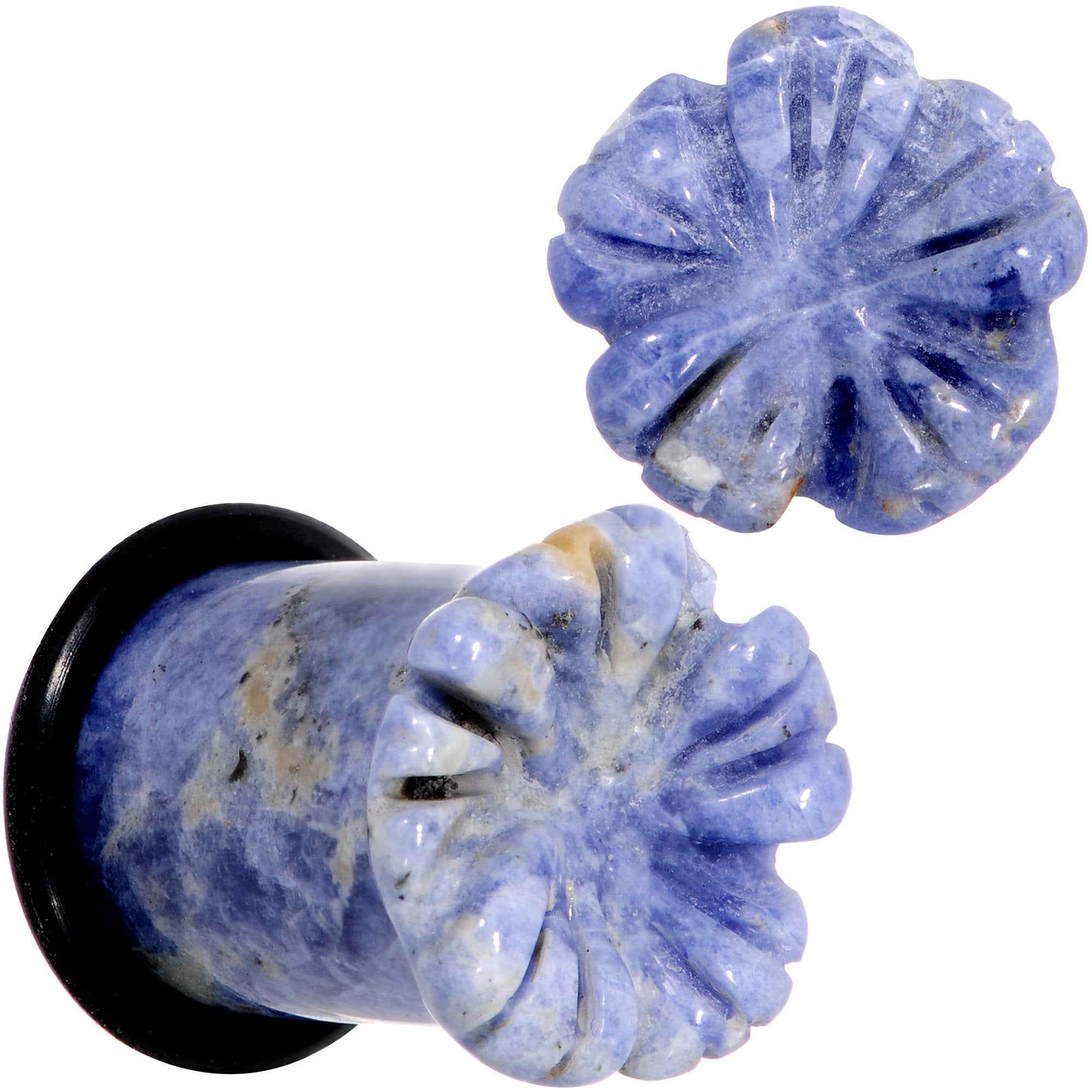 Natural Blue Sodalite Tropical Flower Single Flare Plug Set Sizes 6mm to 25mm