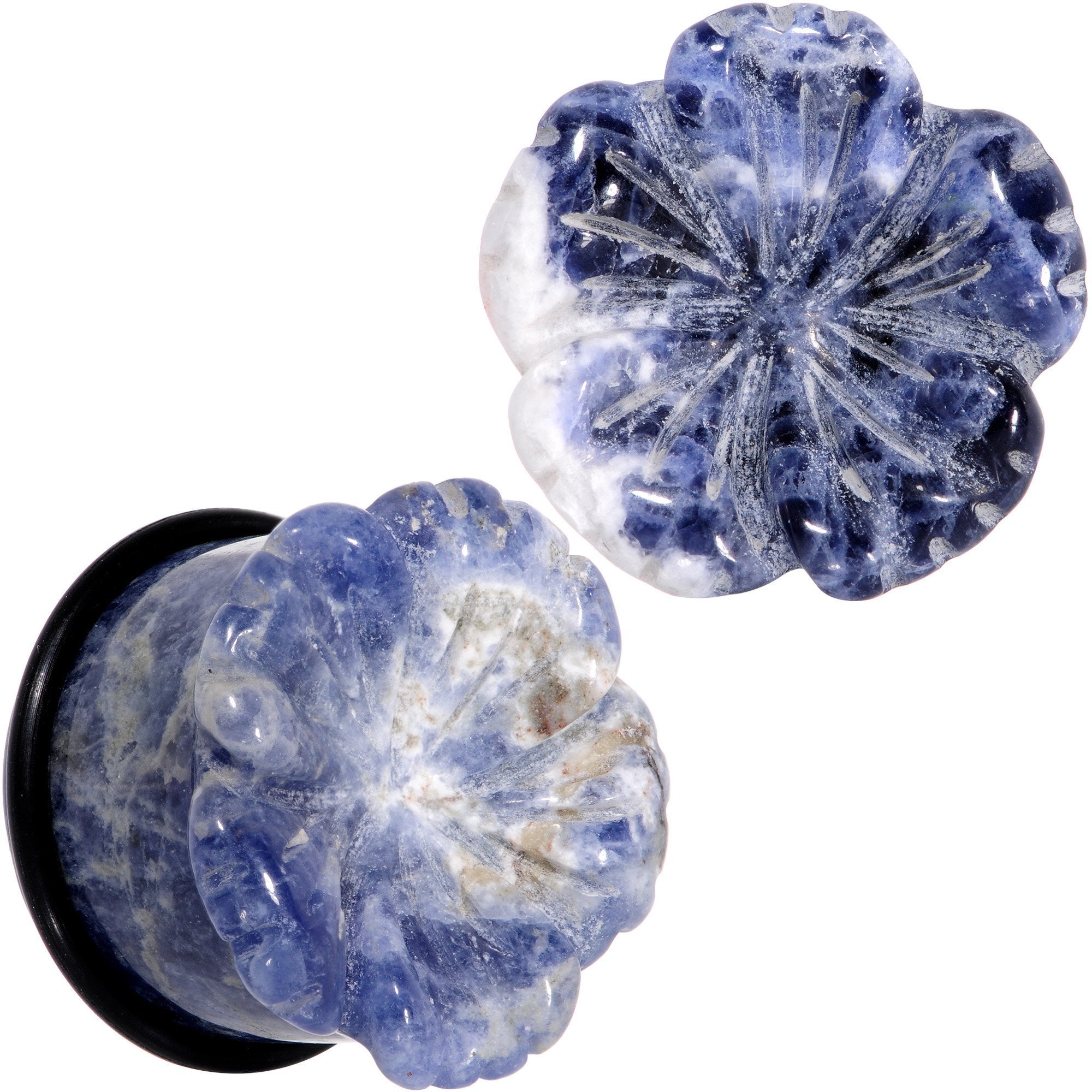 Natural Blue Sodalite Tropical Flower Single Flare Plug Set Sizes 6mm to 25mm