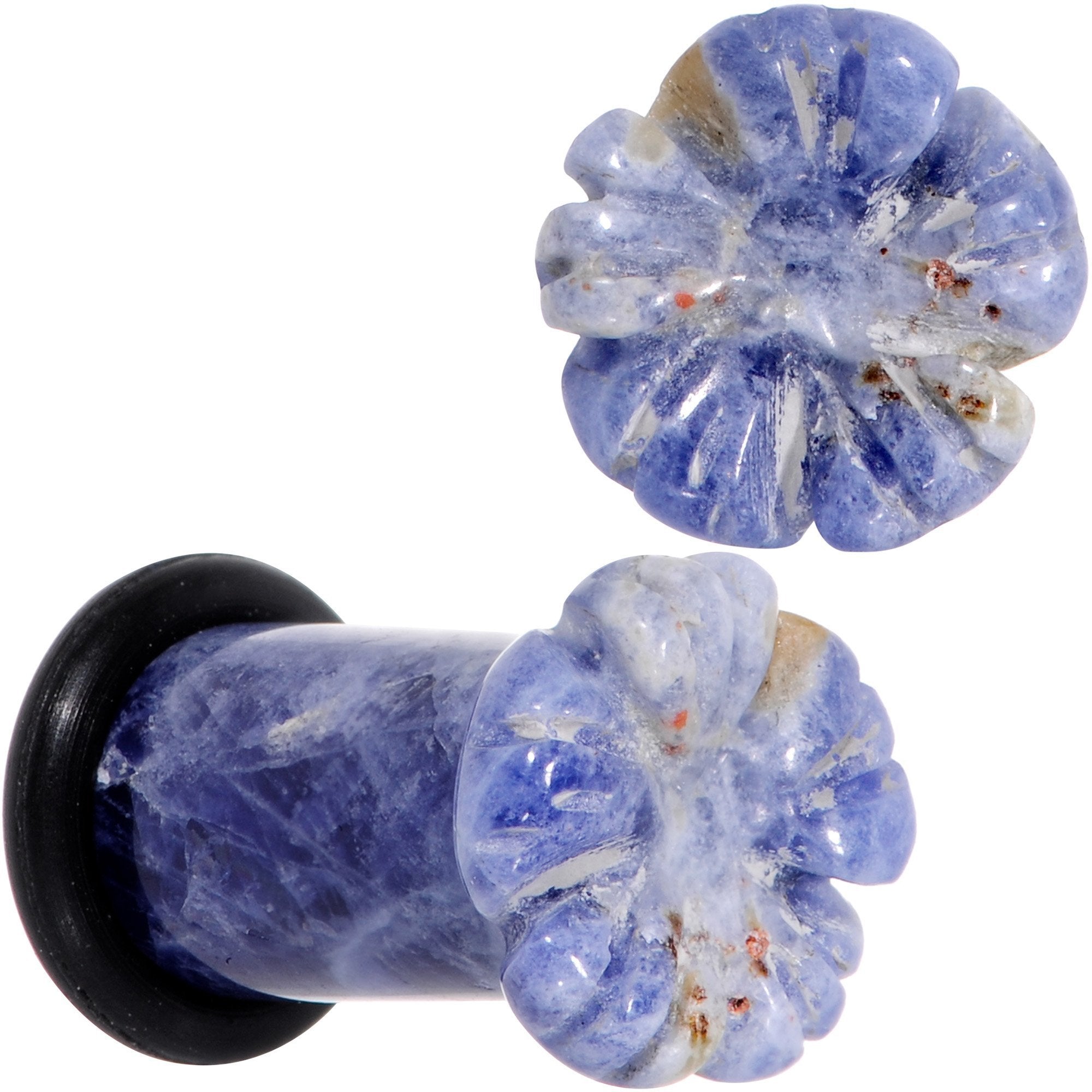 Natural Blue Sodalite Tropical Flower Single Flare Plug Set Sizes 6mm to 25mm