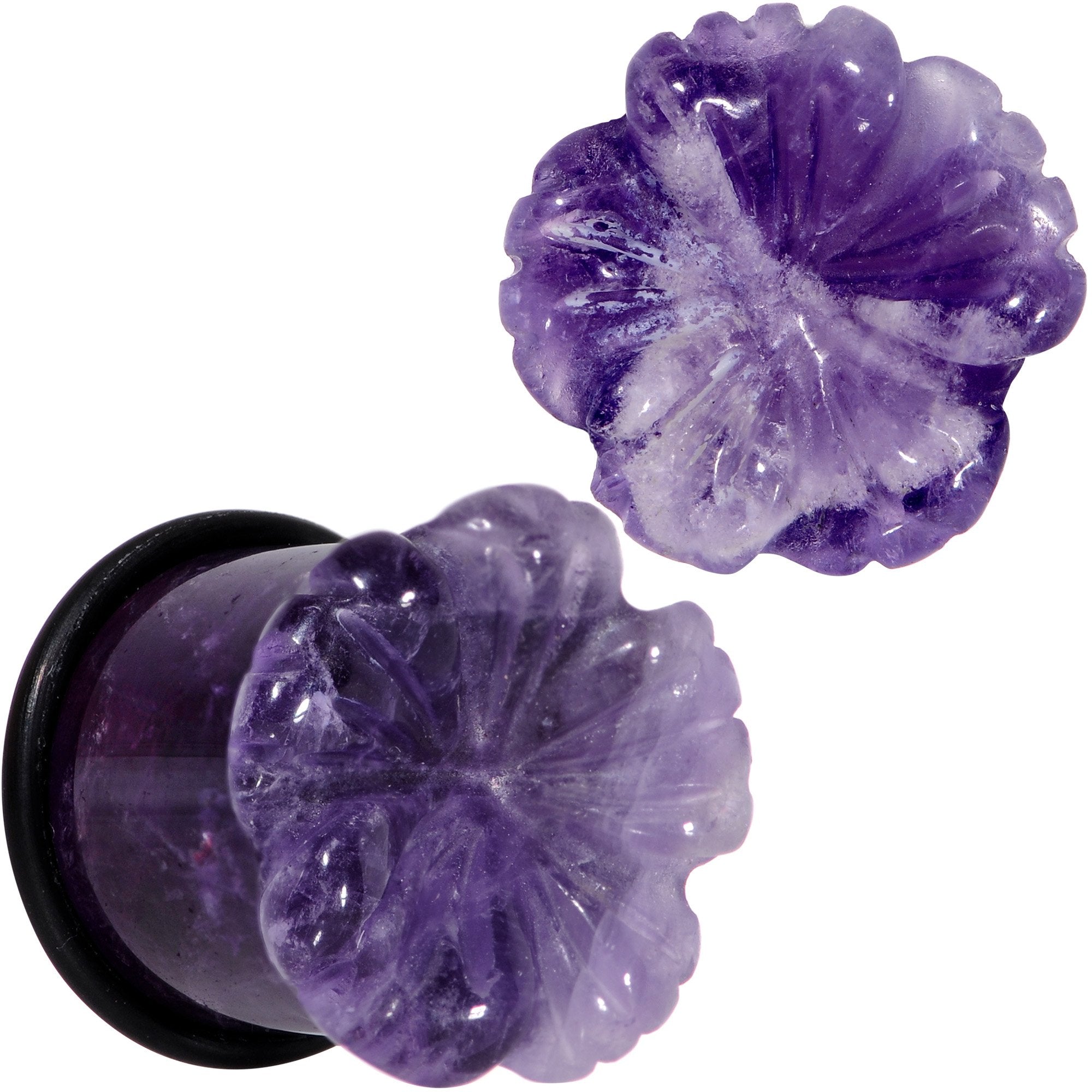 Purple Amethyst Stone Tropical Flower Single Flare Plug Set 6mm to 25mm