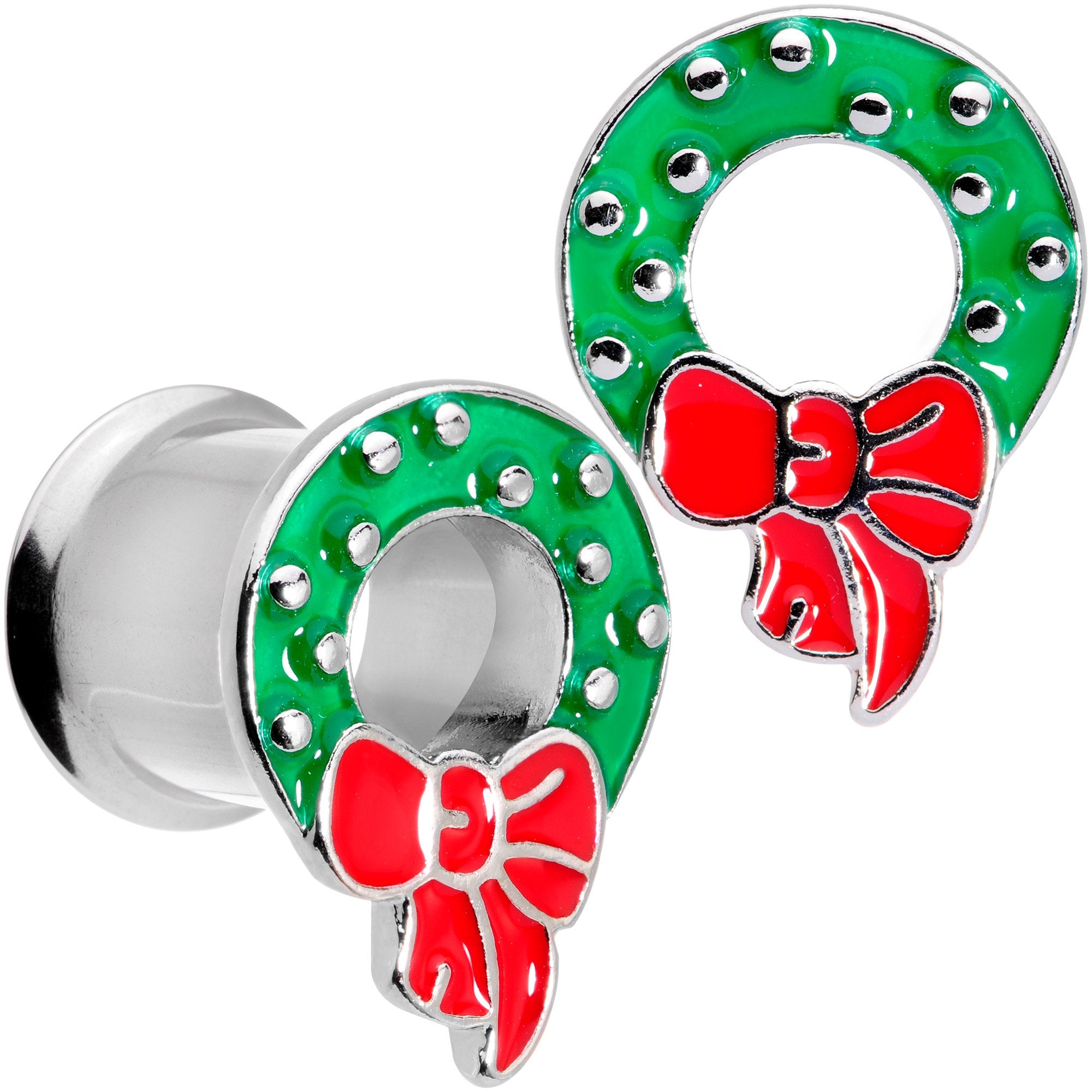 Christmas Wreath Double Flare Tunnel Plug Set 2G to 1 Inch