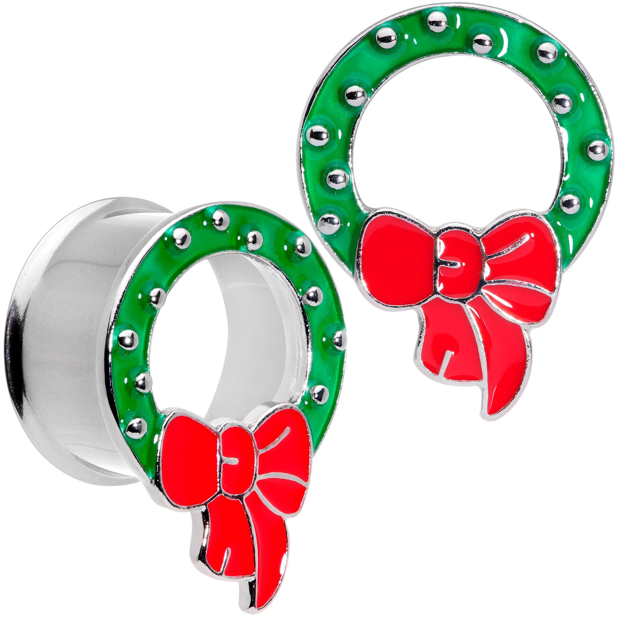 Christmas Wreath Double Flare Tunnel Plug Set 2G to 1 Inch
