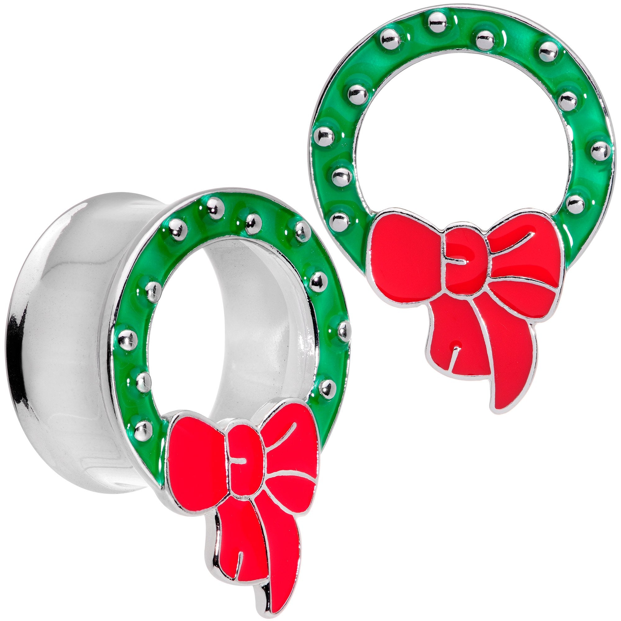Christmas Wreath Double Flare Tunnel Plug Set 2G to 1 Inch