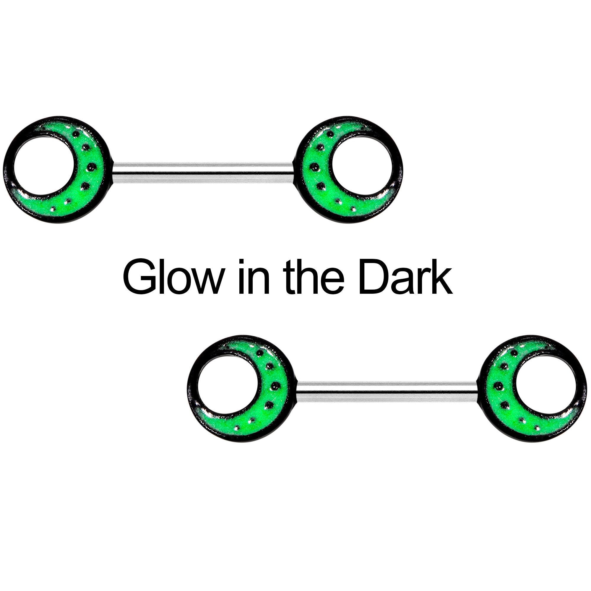 14 Gauge 9/16 Glow in the Dark Green Moon Barbell Nipple Ring Set