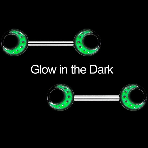 14 Gauge 9/16 Glow in the Dark Green Moon Barbell Nipple Ring Set