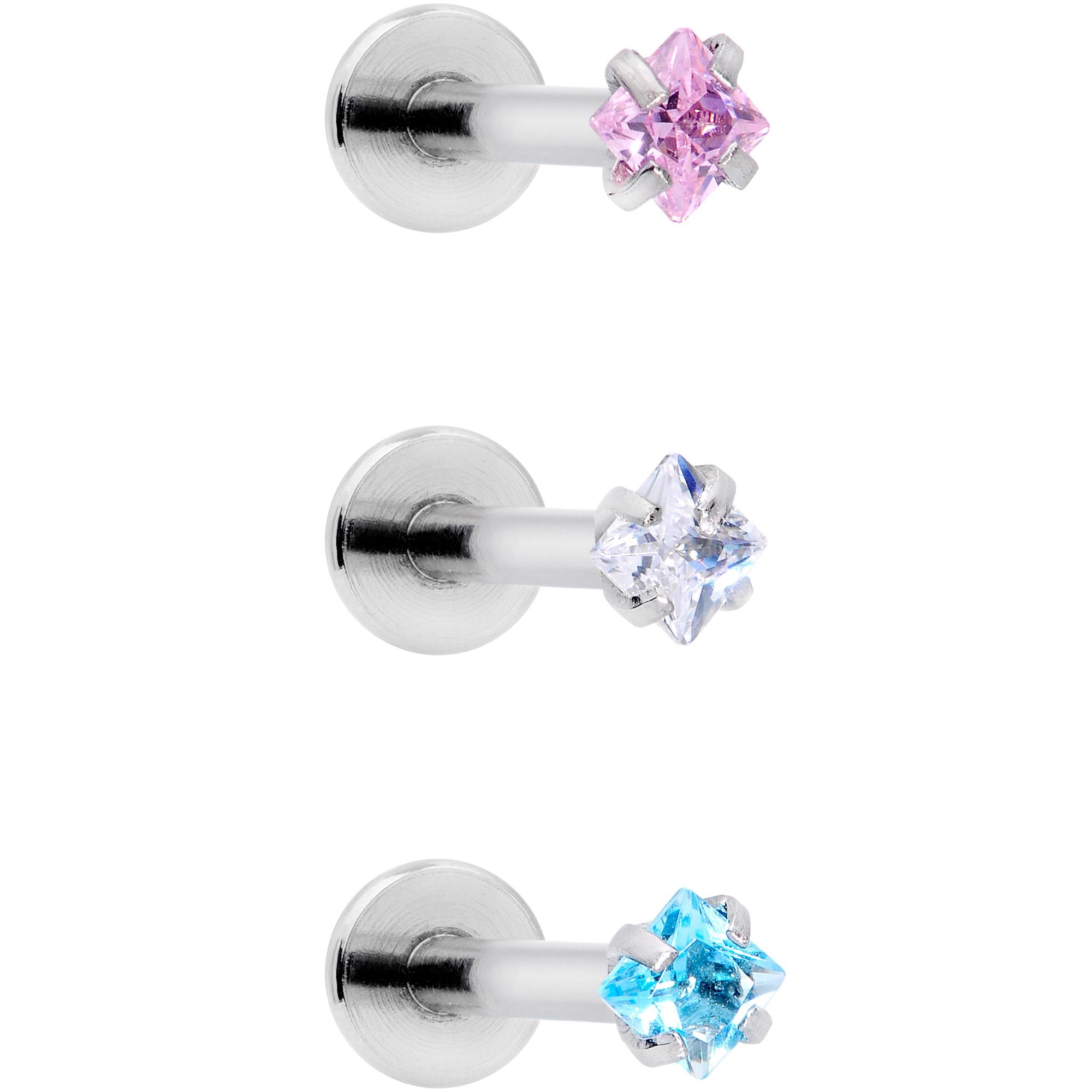 16G 3/8 Clear Pink Blue CZ Gem Labret Tragus Set of 3