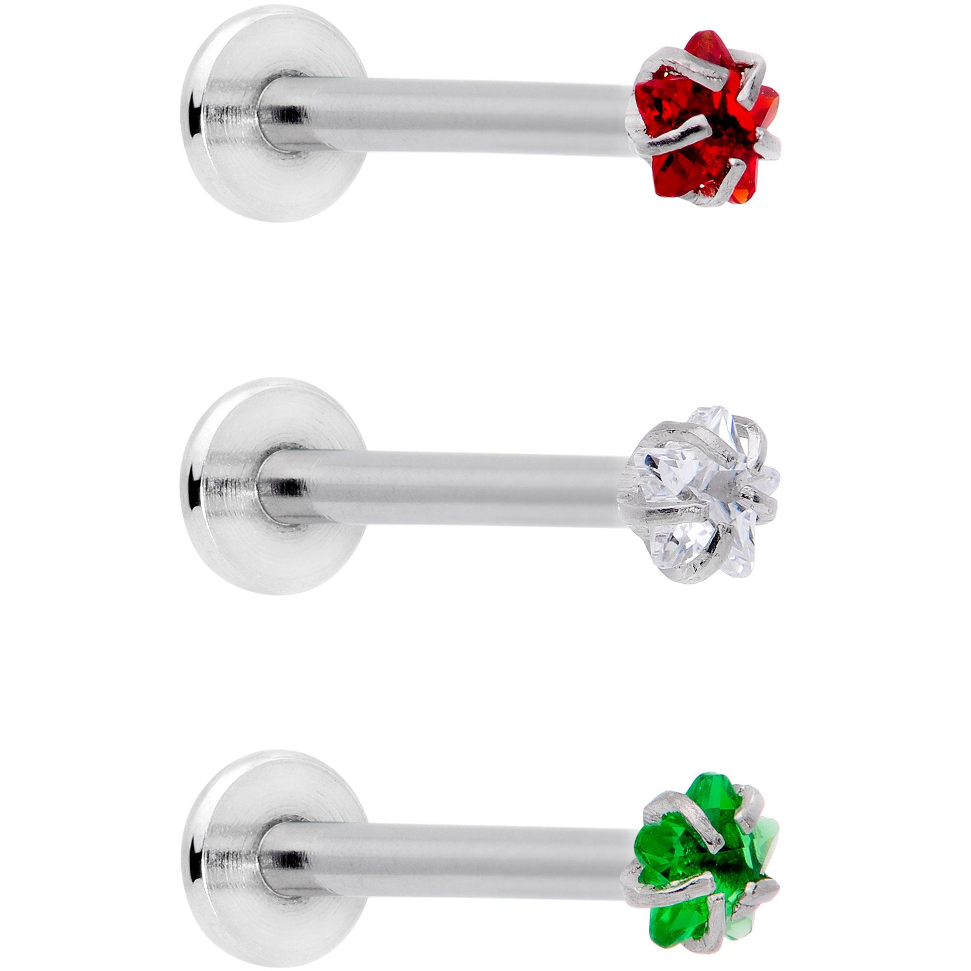 16G 3/8 Red Green CZ Gem Holiday Star Labret Tragus Set of 3