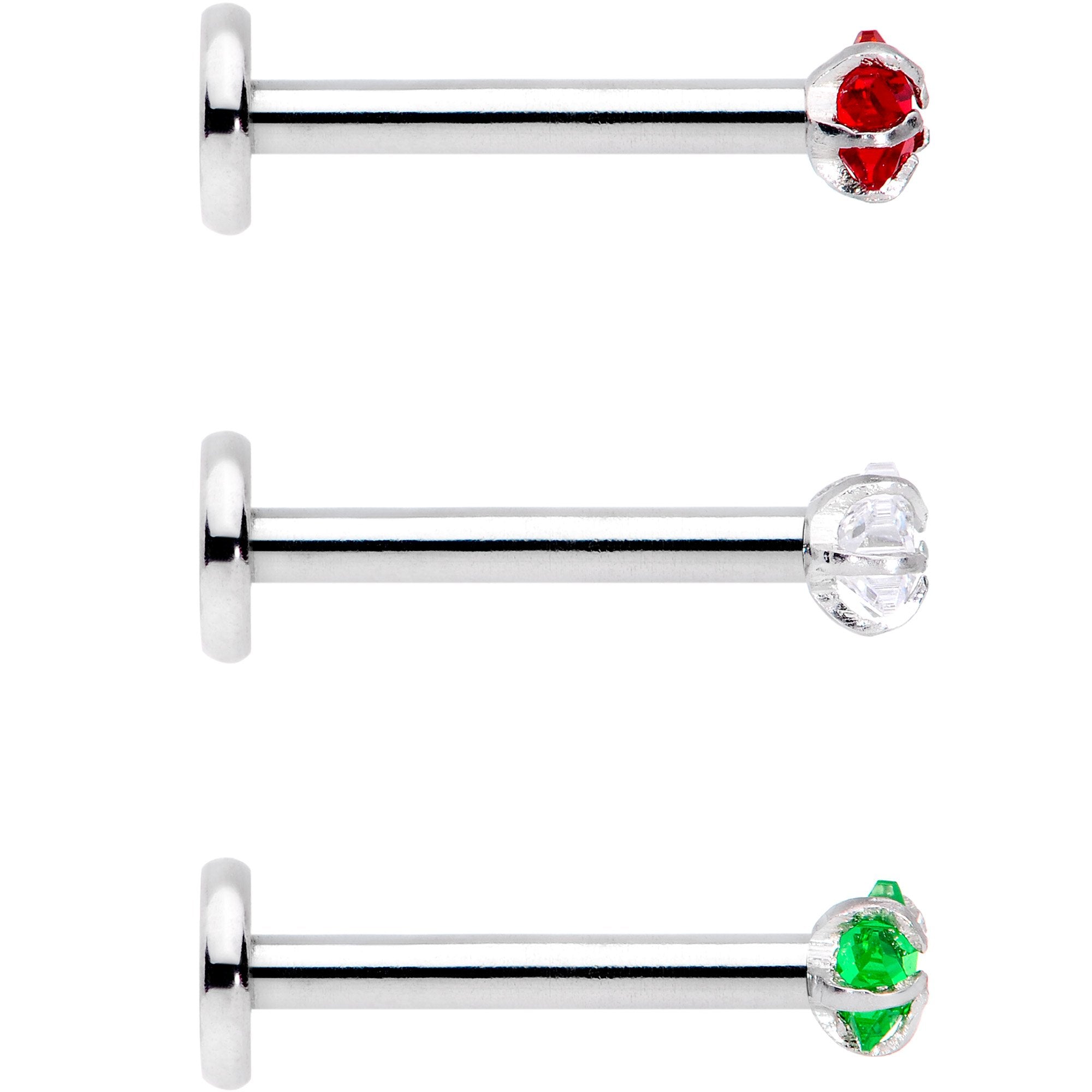 16G 3/8 Red Green CZ Gem Holiday Star Labret Tragus Set of 3