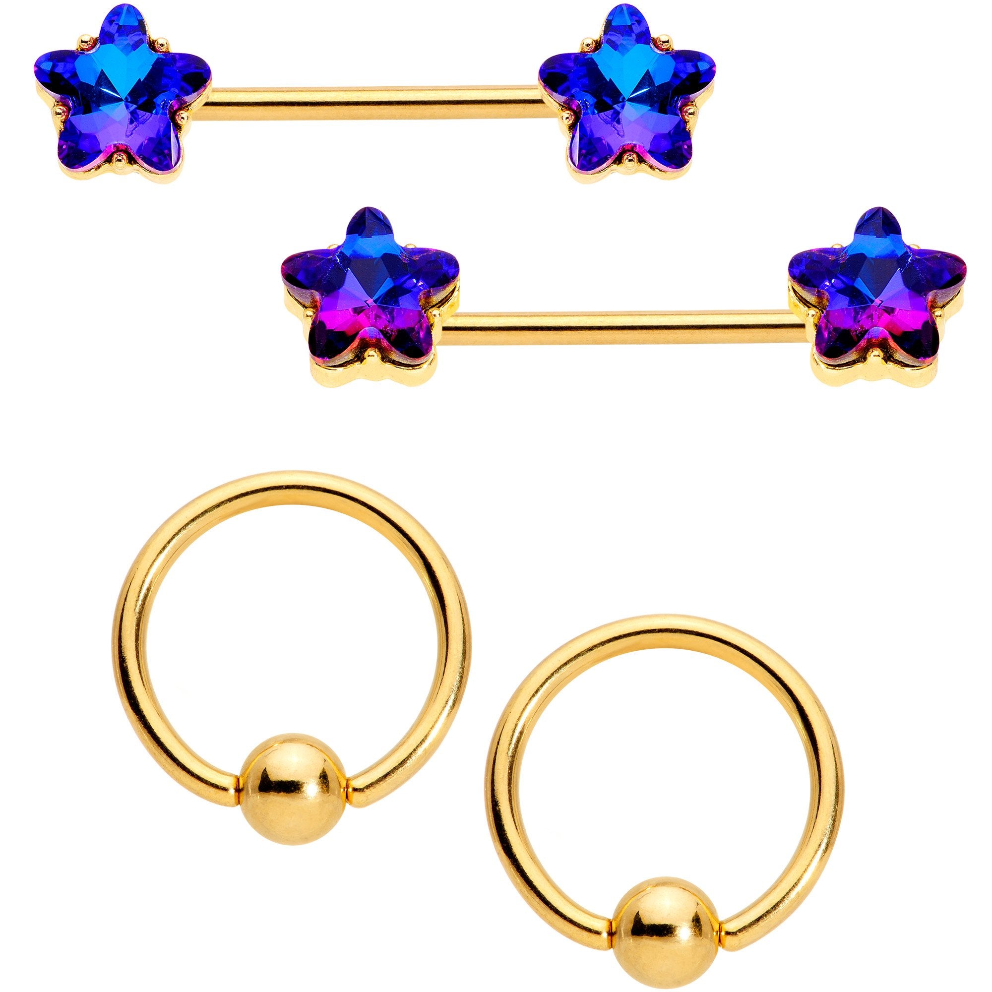 14G Deep Blue Gem Star Gold Tone BCR Barbell Nipple Ring Set