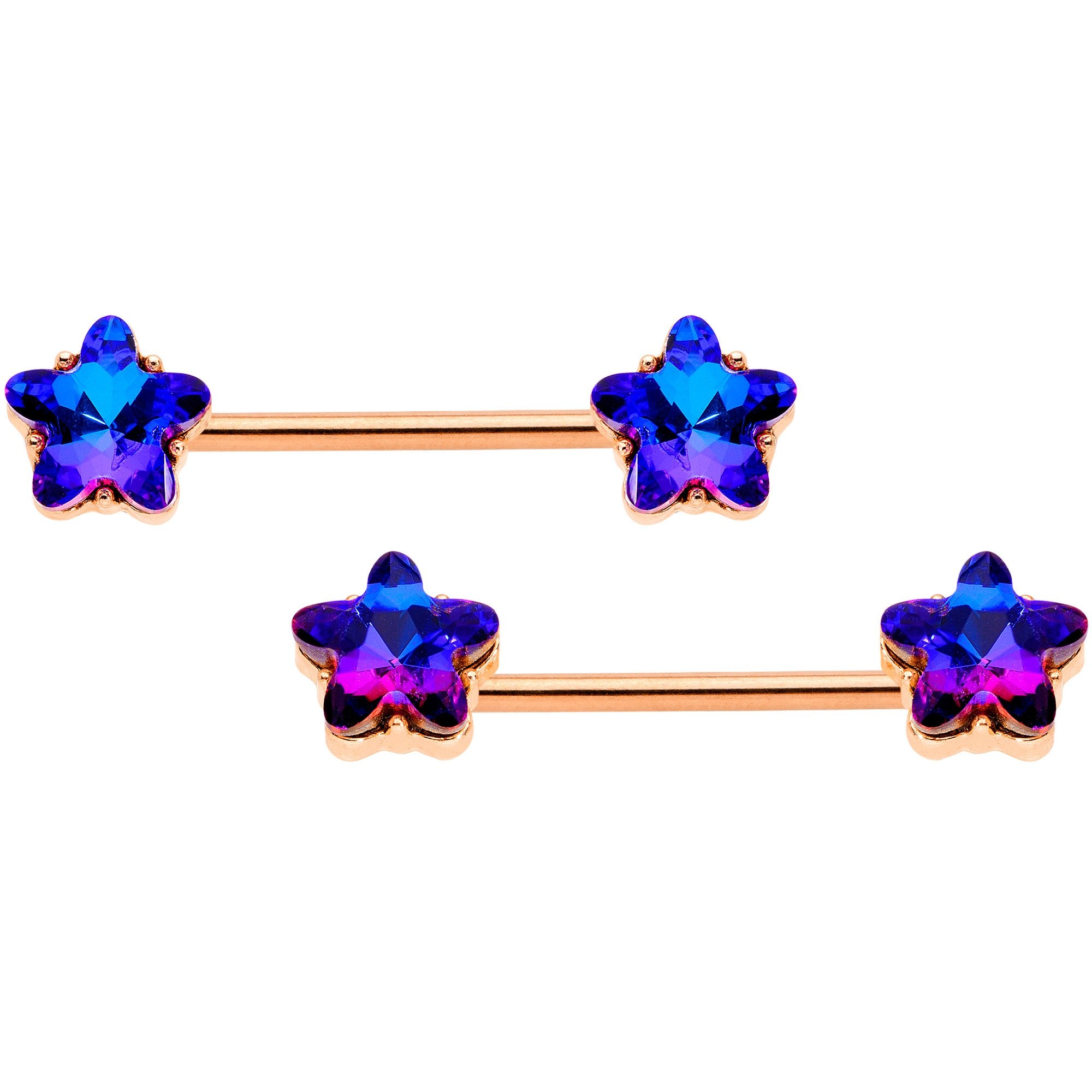 14G Dk Blue Gem Star Rose Gold Hue BCR Barbell Nipple Ring Set