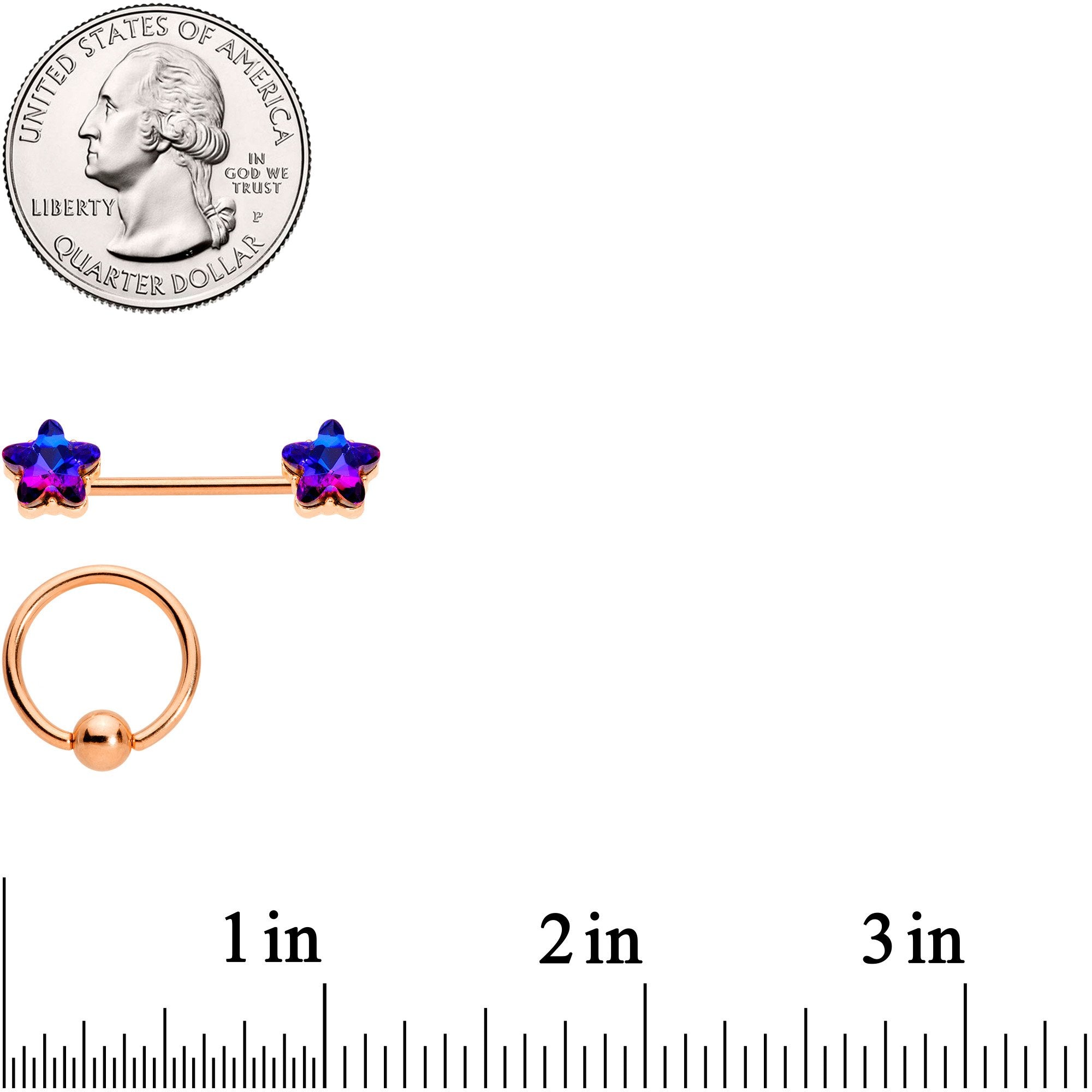 14G Dk Blue Gem Star Rose Gold Hue BCR Barbell Nipple Ring Set