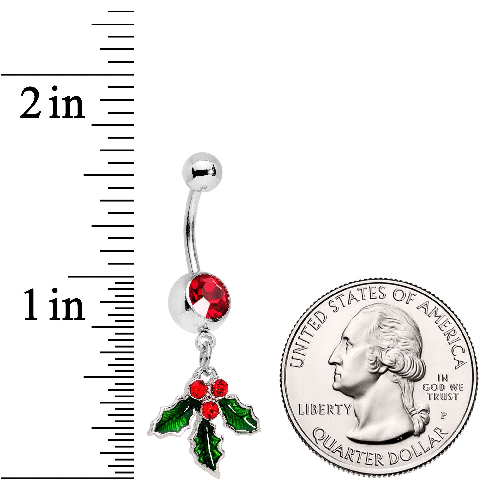 Red Gem Holiday Hangout Holly Leaves Dangle Belly Ring