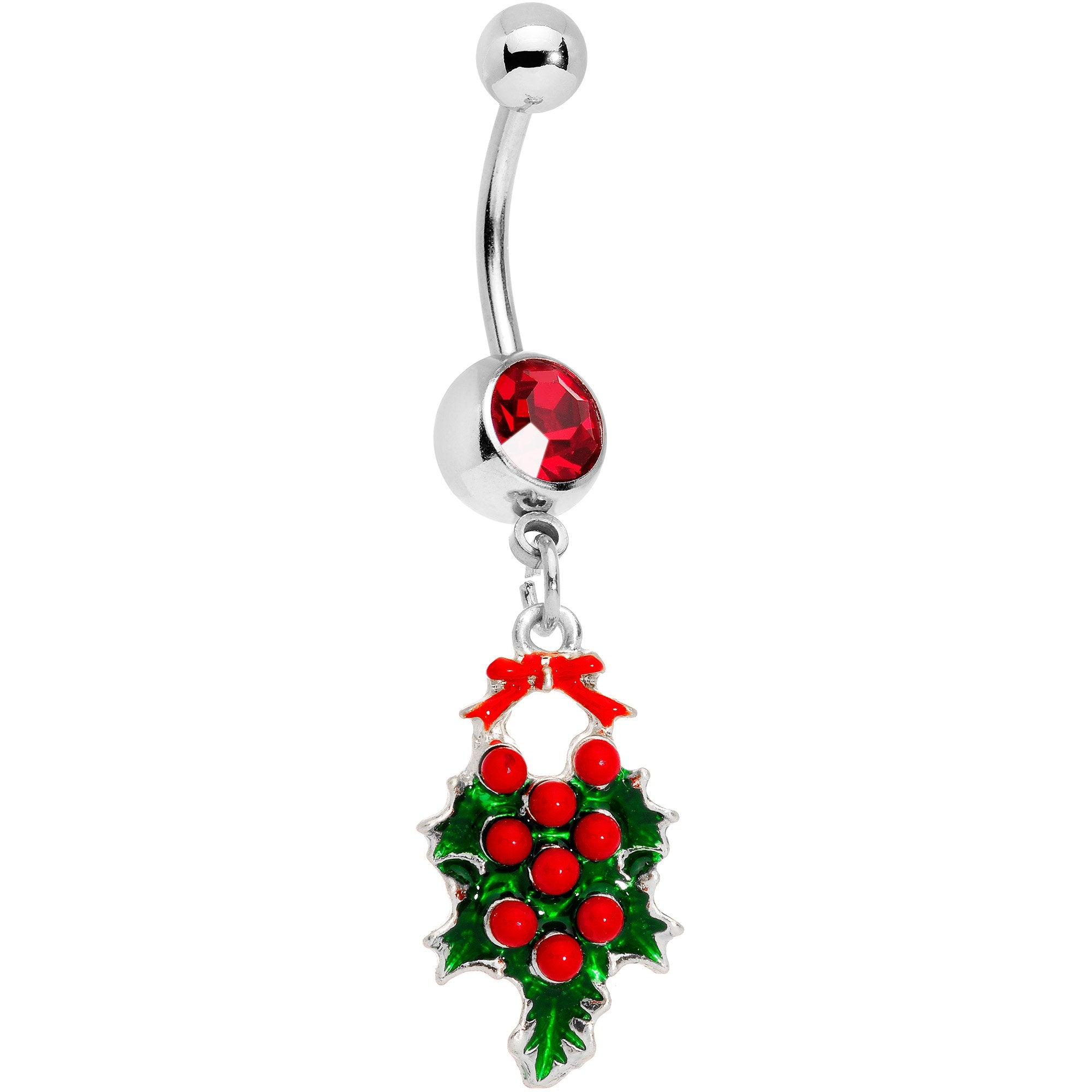 Red Gem Holiday Bow and Berries Holly Day Dangle Belly Ring