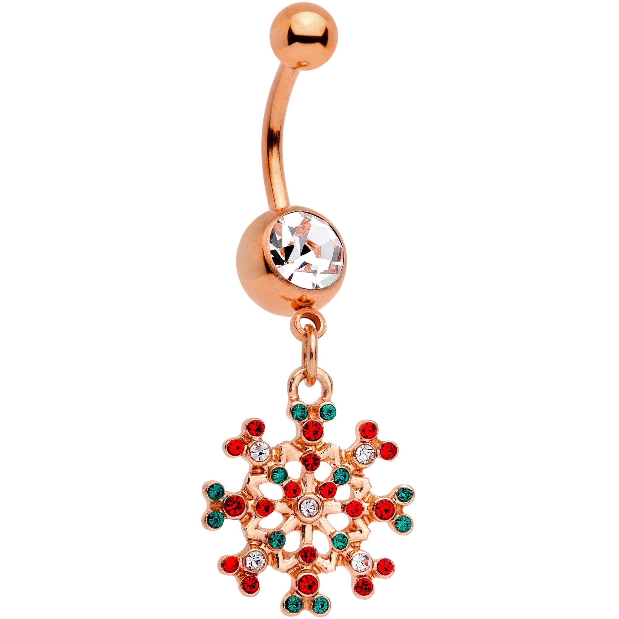 Red Green Gem Rose Gold Tone Winter Blizzard Dangle Belly Ring