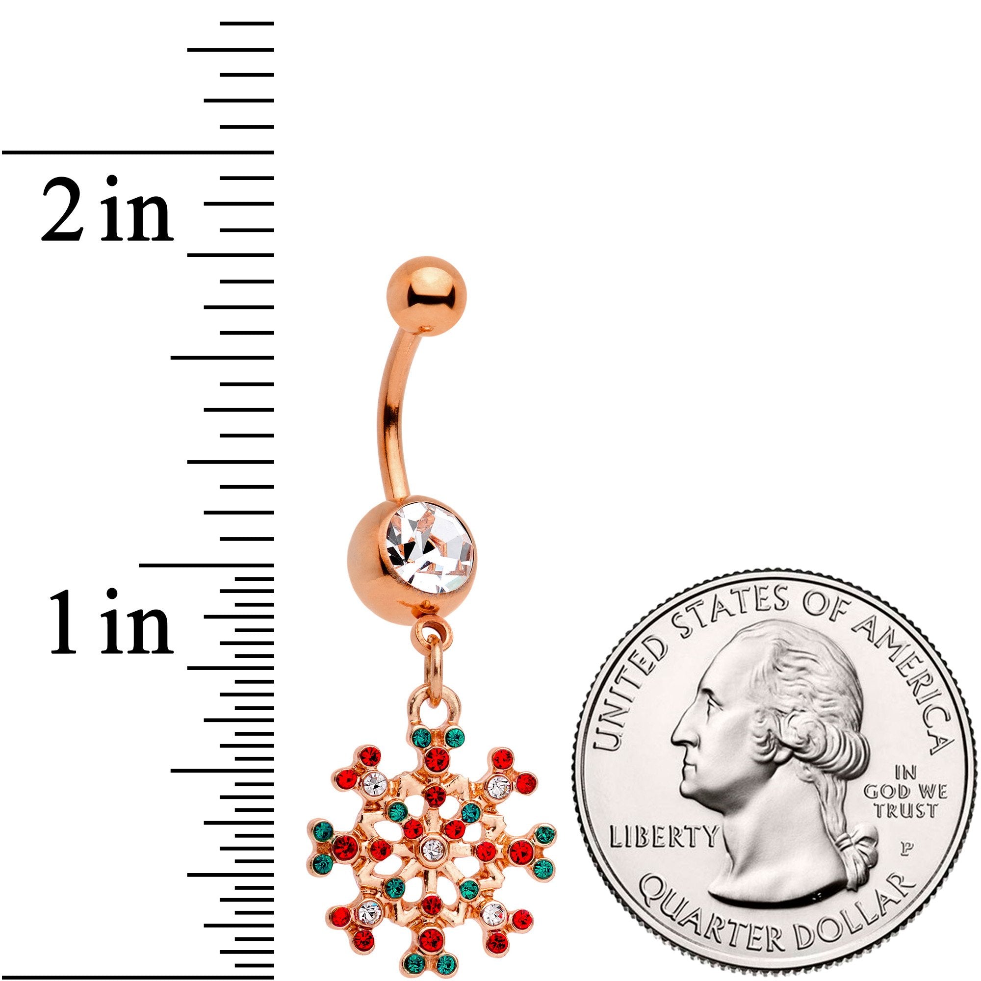 Red Green Gem Rose Gold Tone Winter Blizzard Dangle Belly Ring