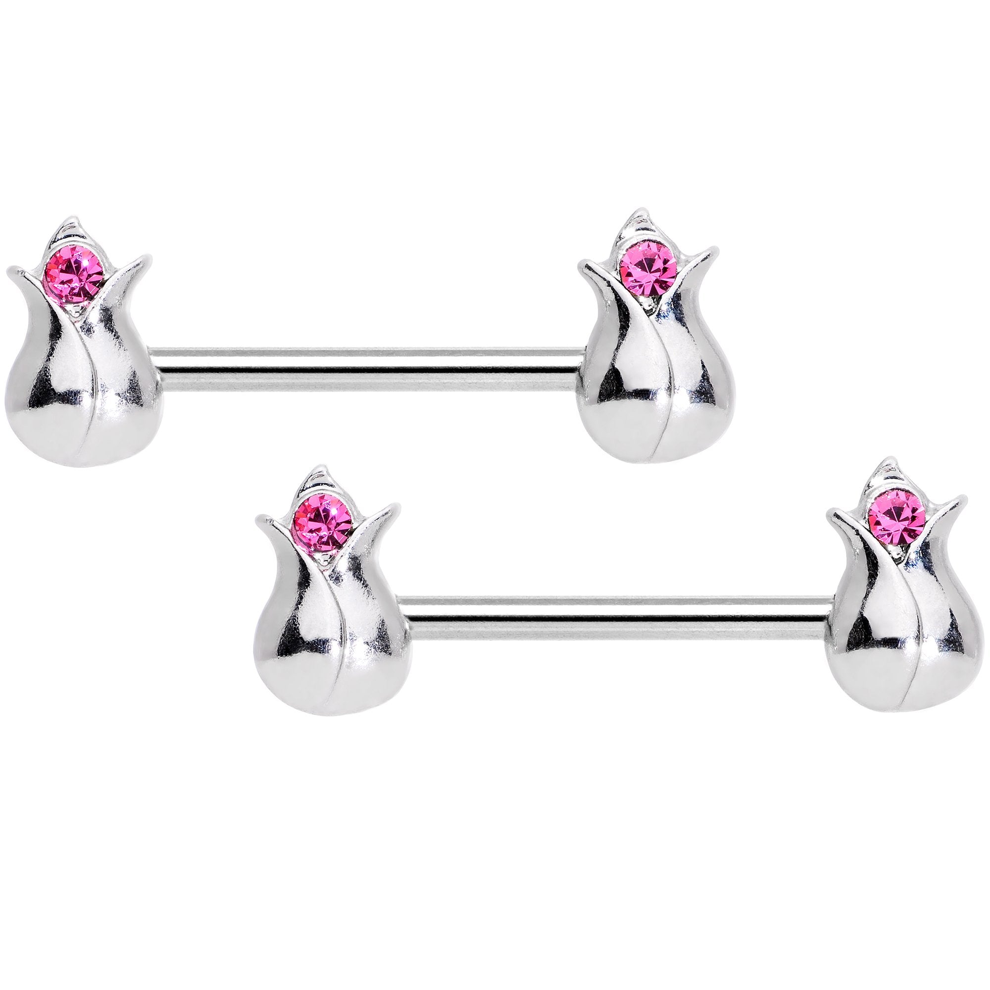 14 Gauge 9/16 Pink Gem Tulip Flower Barbell Nipple Ring Set