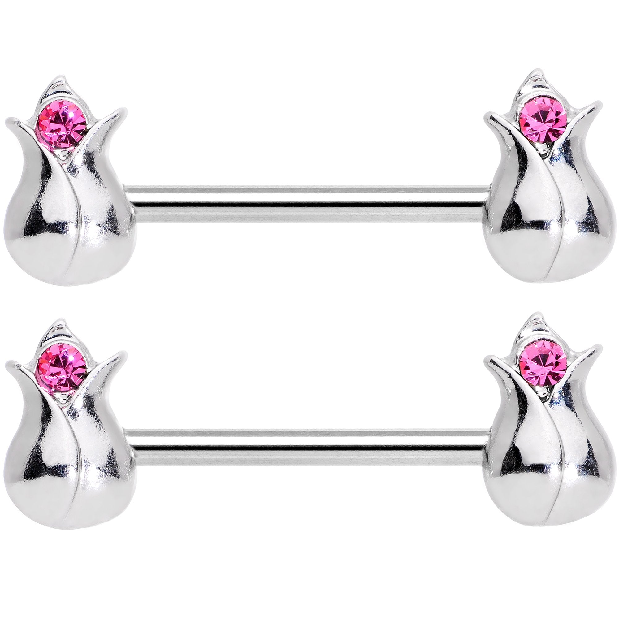 14 Gauge 9/16 Pink Gem Tulip Flower Barbell Nipple Ring Set