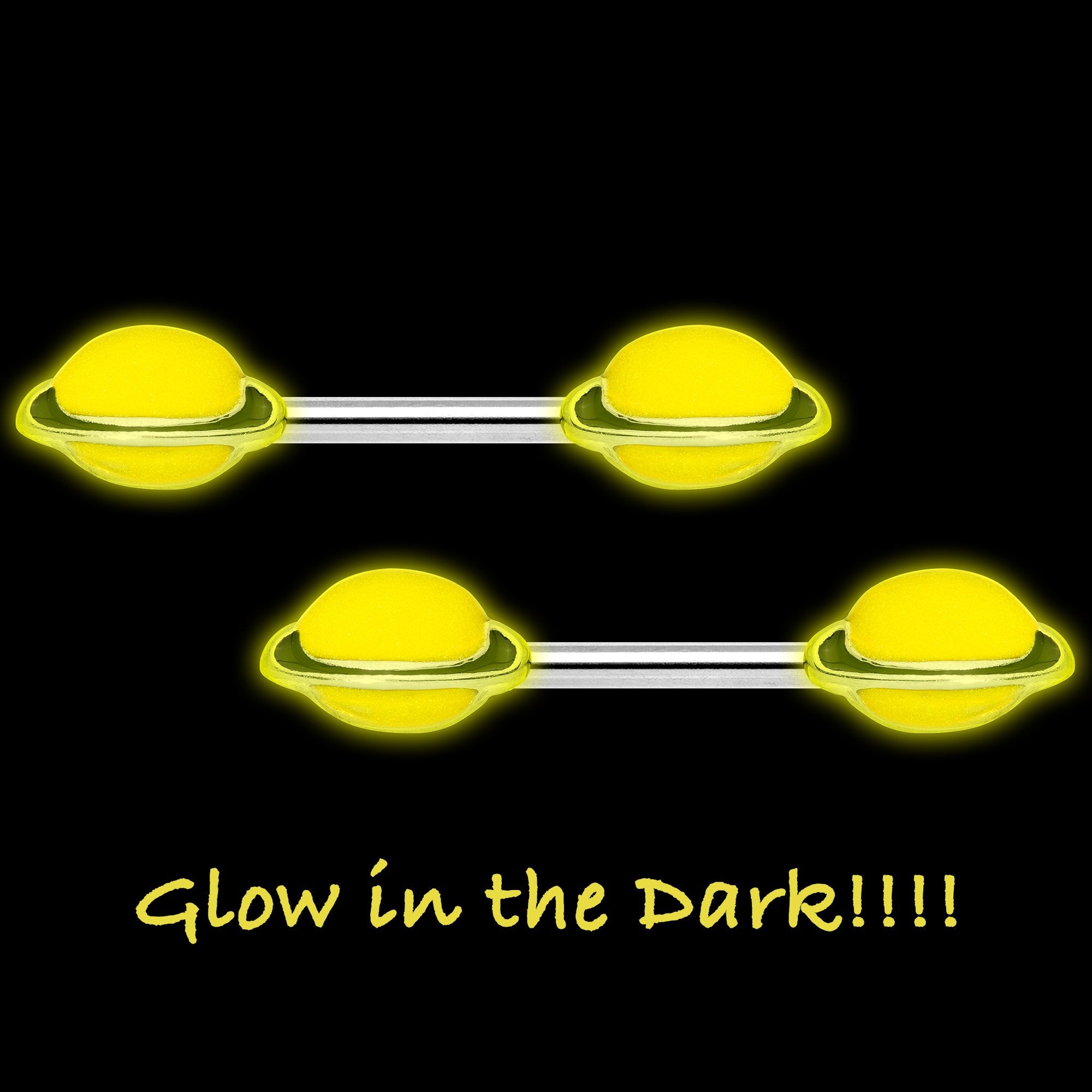 14 Gauge 9/16 Yellow Glow in the Dark Saturn Barbell Nipple Ring Set