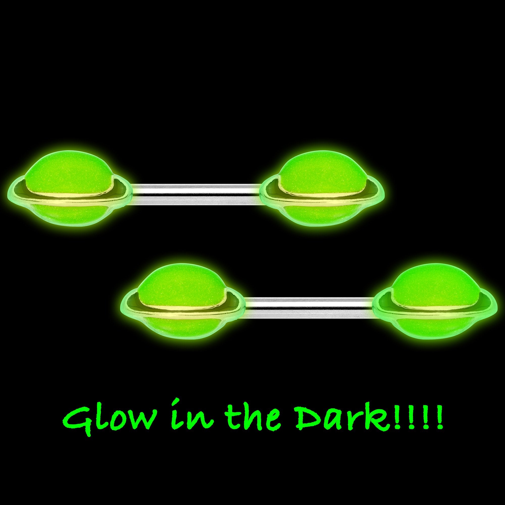 14G 9/16 Green Glow in the Dark Saturn Barbell Nipple Ring Set