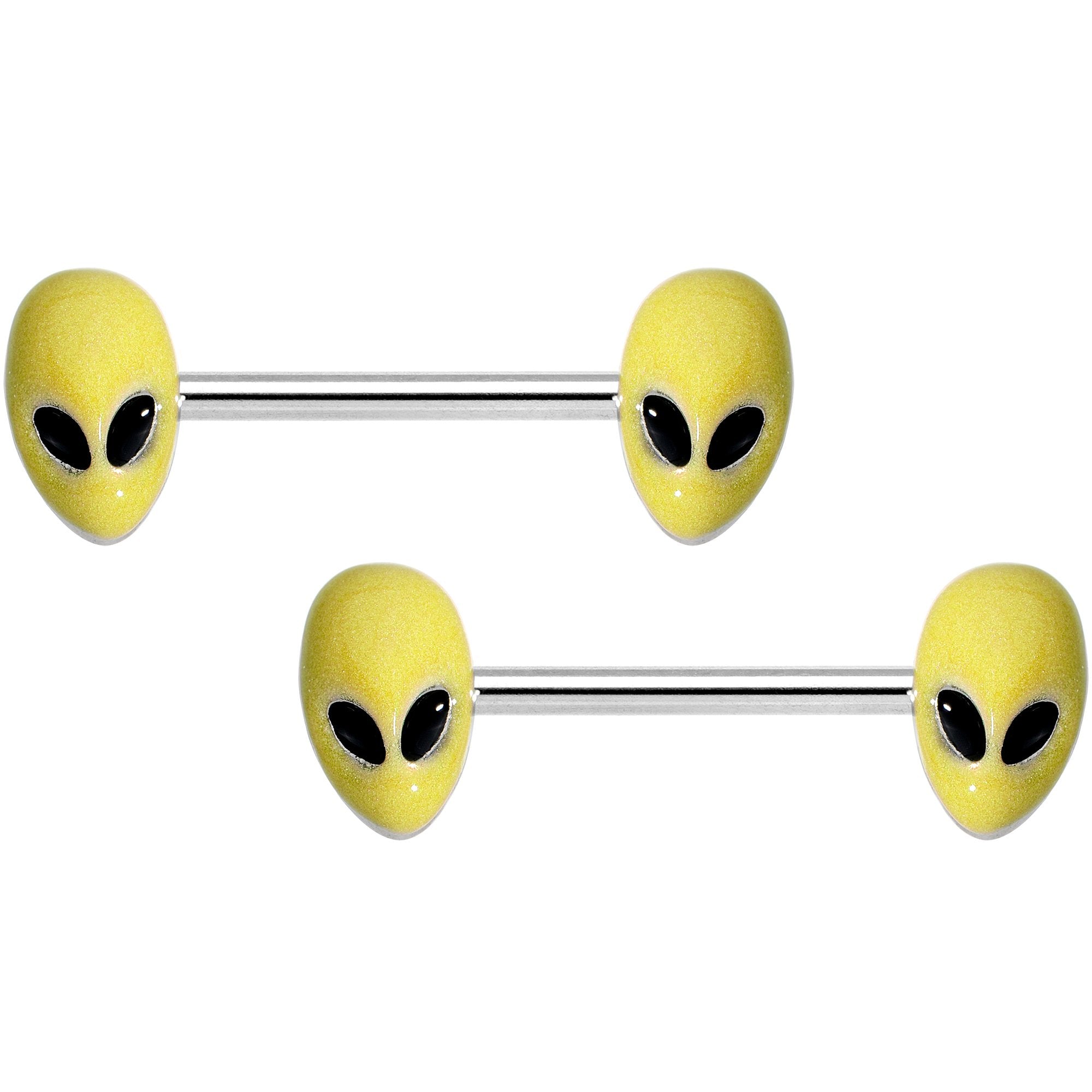 14G 9/16 Yellow Glow in the Dark Aliens Barbell Nipple Ring Set
