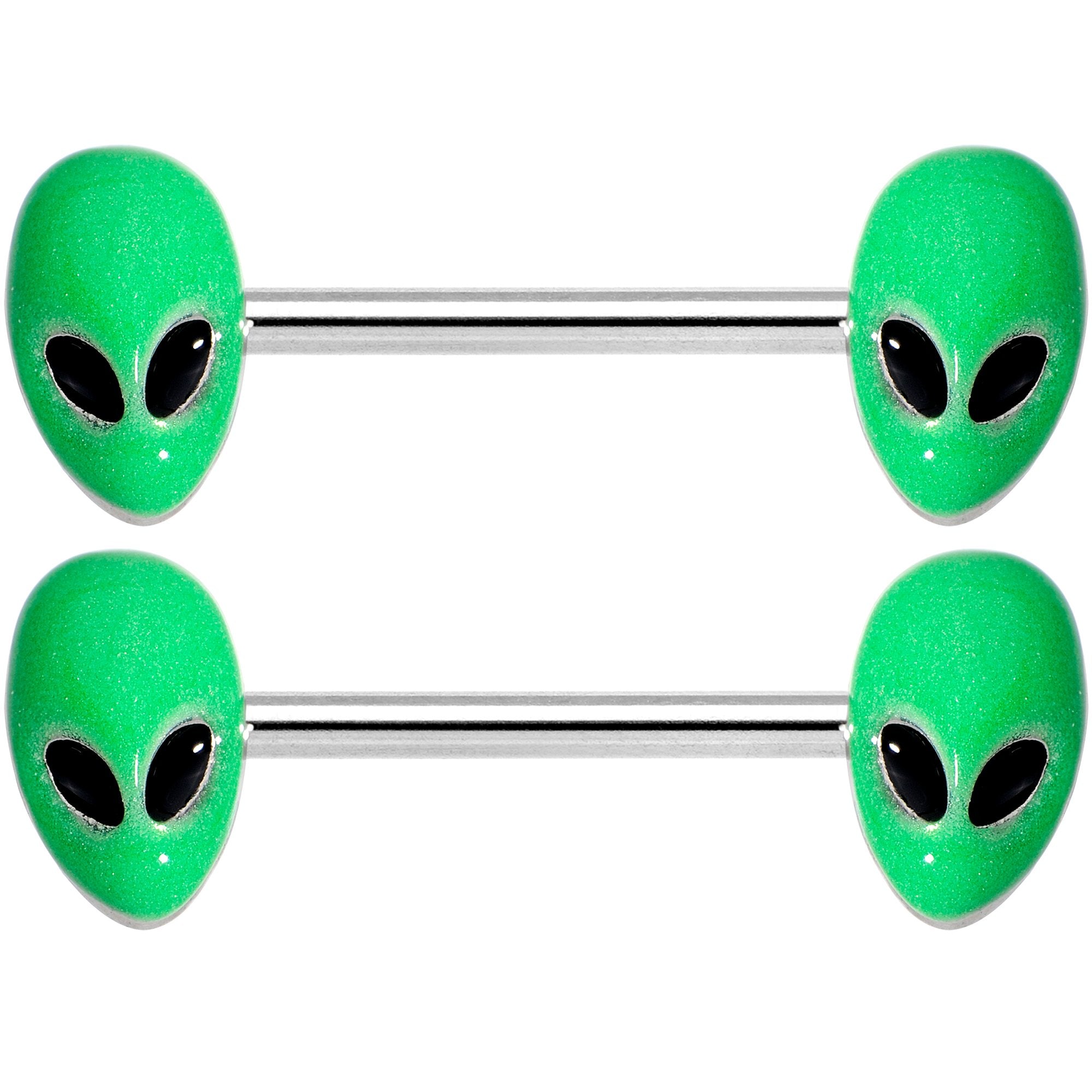 14G 9/16 Green Glow in the Dark Aliens Barbell Nipple Ring Set
