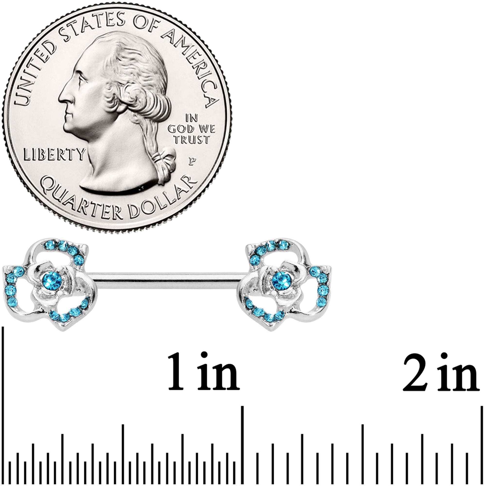 14G 9/16 Blue Gem Rose Flower Barbell Nipple Ring Set