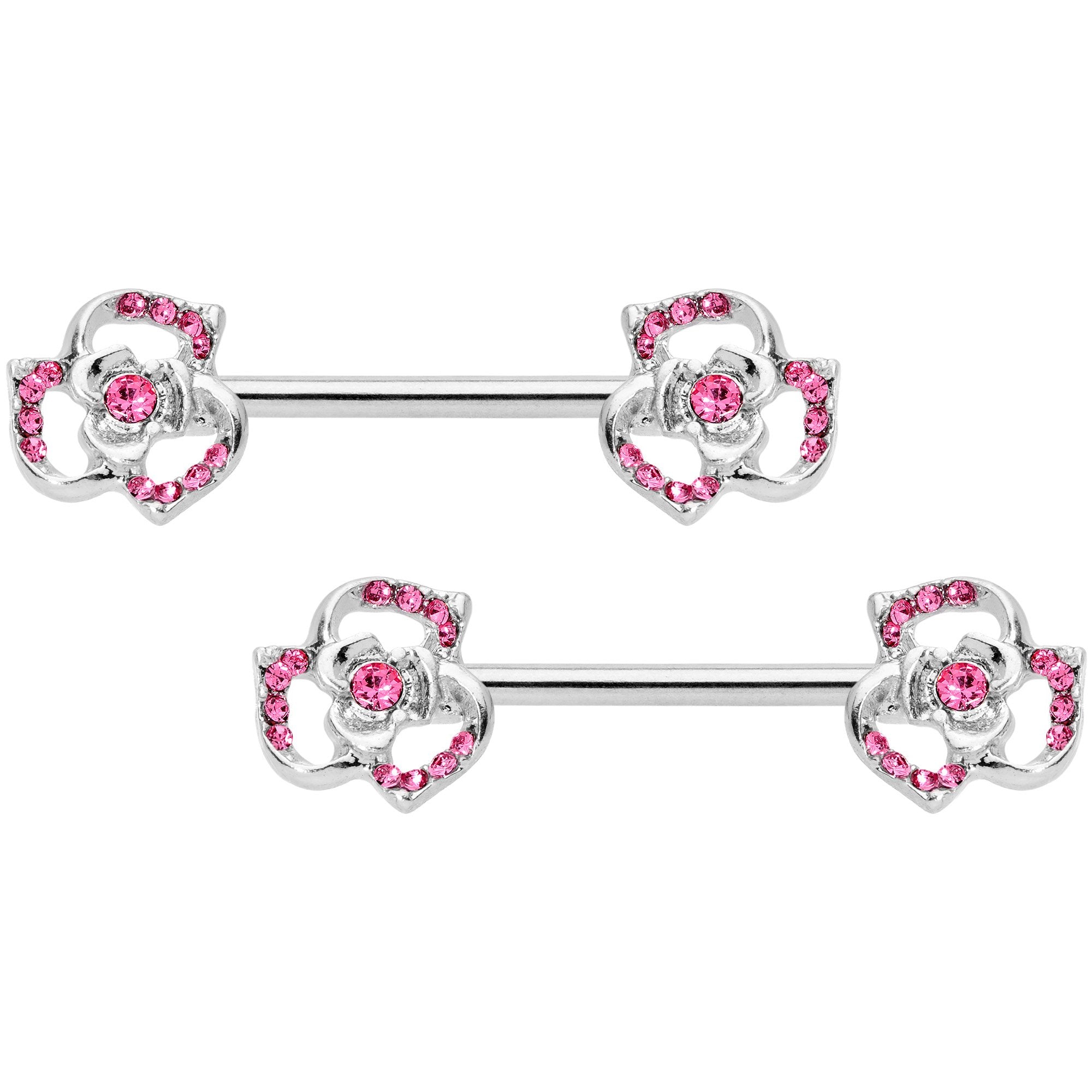 14G 9/16 Pink Gem Rose Flower Barbell Nipple Ring Set
