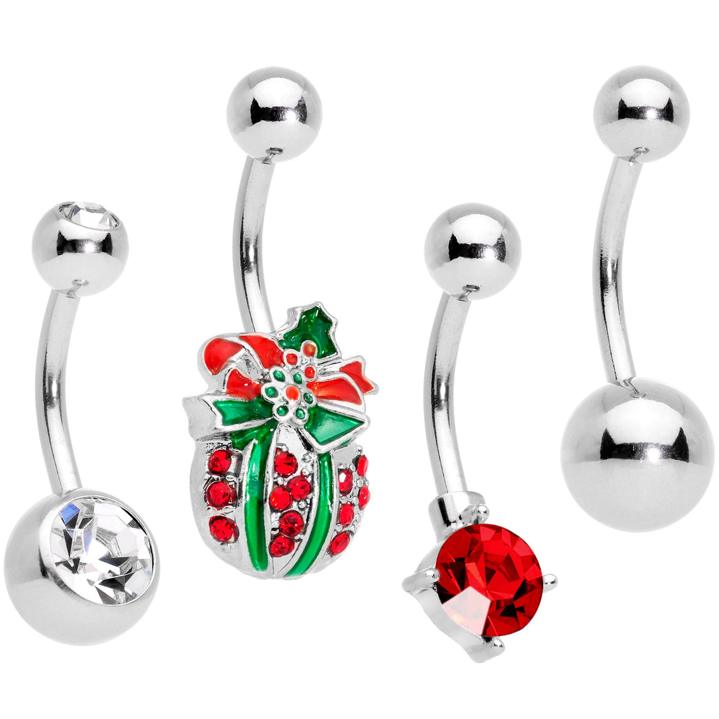 Clear Gem Red Holiday Gift Ornament Belly Ring Set of 4