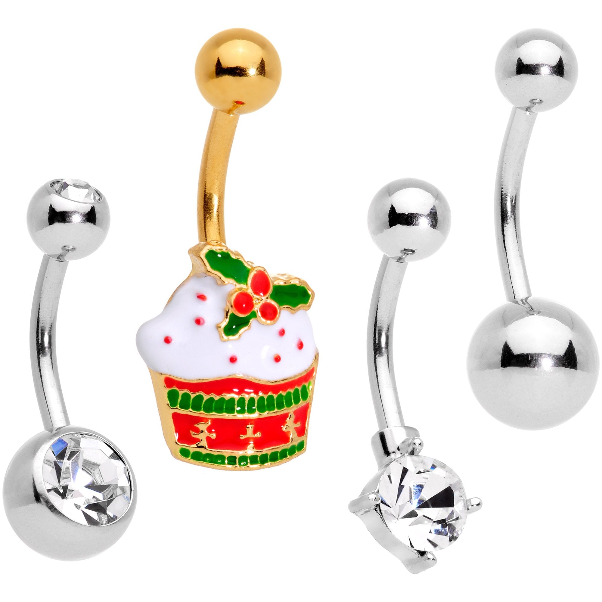 Clear Gem Gold Tone Red Holiday Cupcake Belly Ring Set of 4