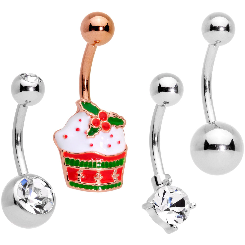 Clear Gem Rose Gold Tone Red Holiday Cupcake Belly Ring Set of 4