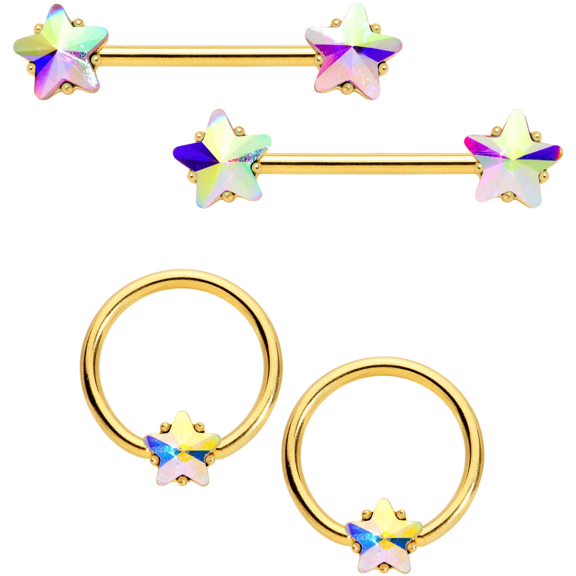 14 Gauge Aurora Star Gem Gold Tone BCR Barbell Nipple Ring Set