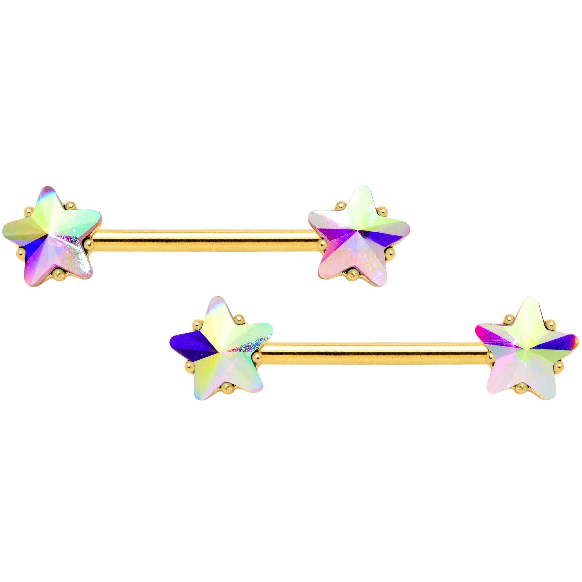 14G Aurora Star Gem Gold Tone BCR Barbell Nipple Ring Set