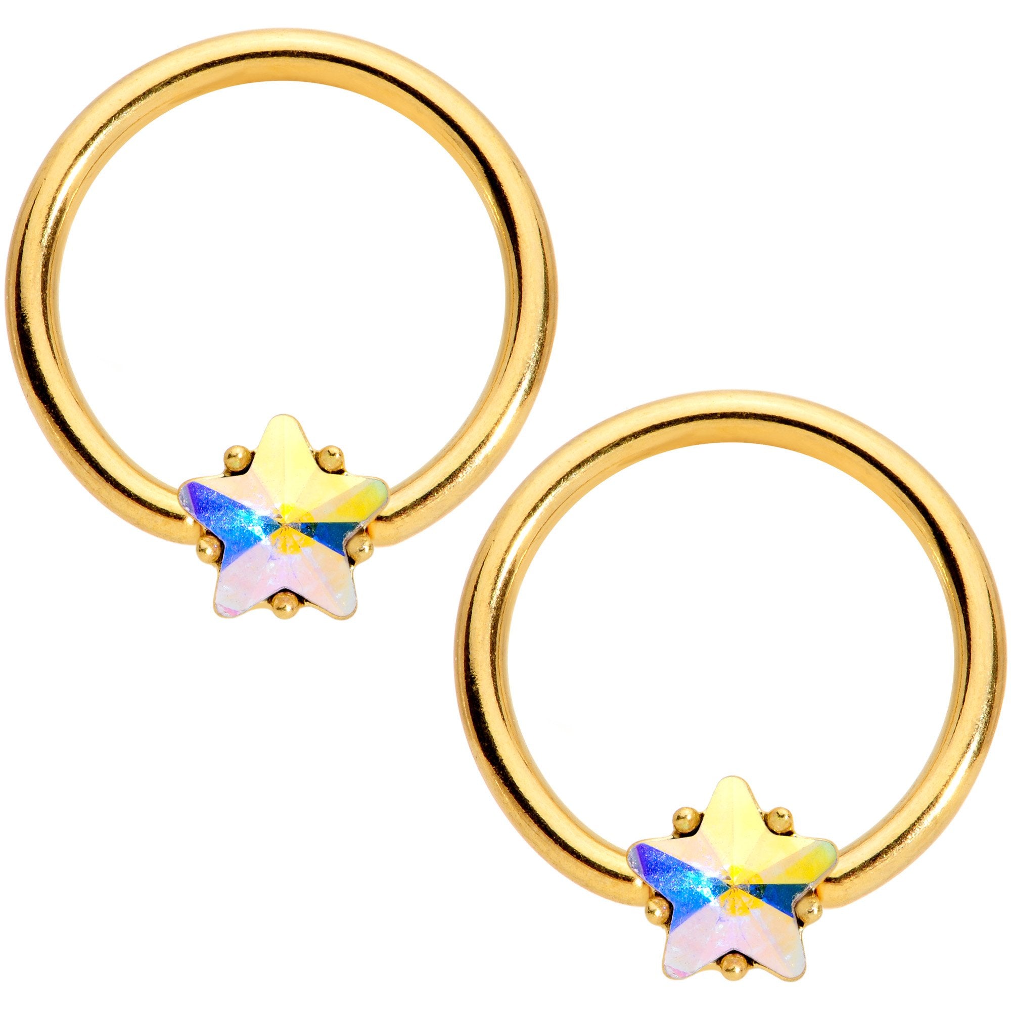 14G Aurora Star Gem Gold Tone BCR Barbell Nipple Ring Set