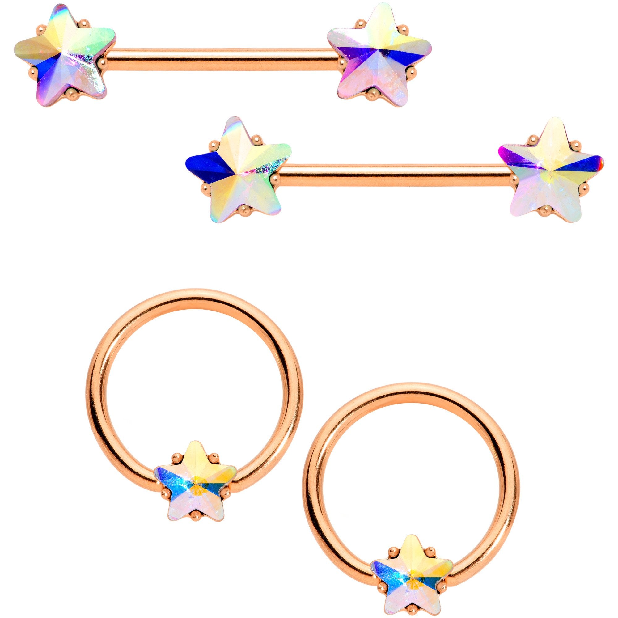 14 Gauge Aurora Star Gem Rose Gold Tone BCR Barbell Nipple Ring Set