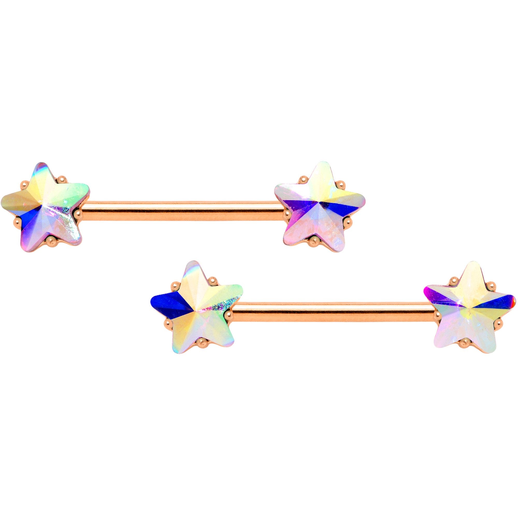 14 Gauge Aurora Star Gem Rose Gold Tone BCR Barbell Nipple Ring Set